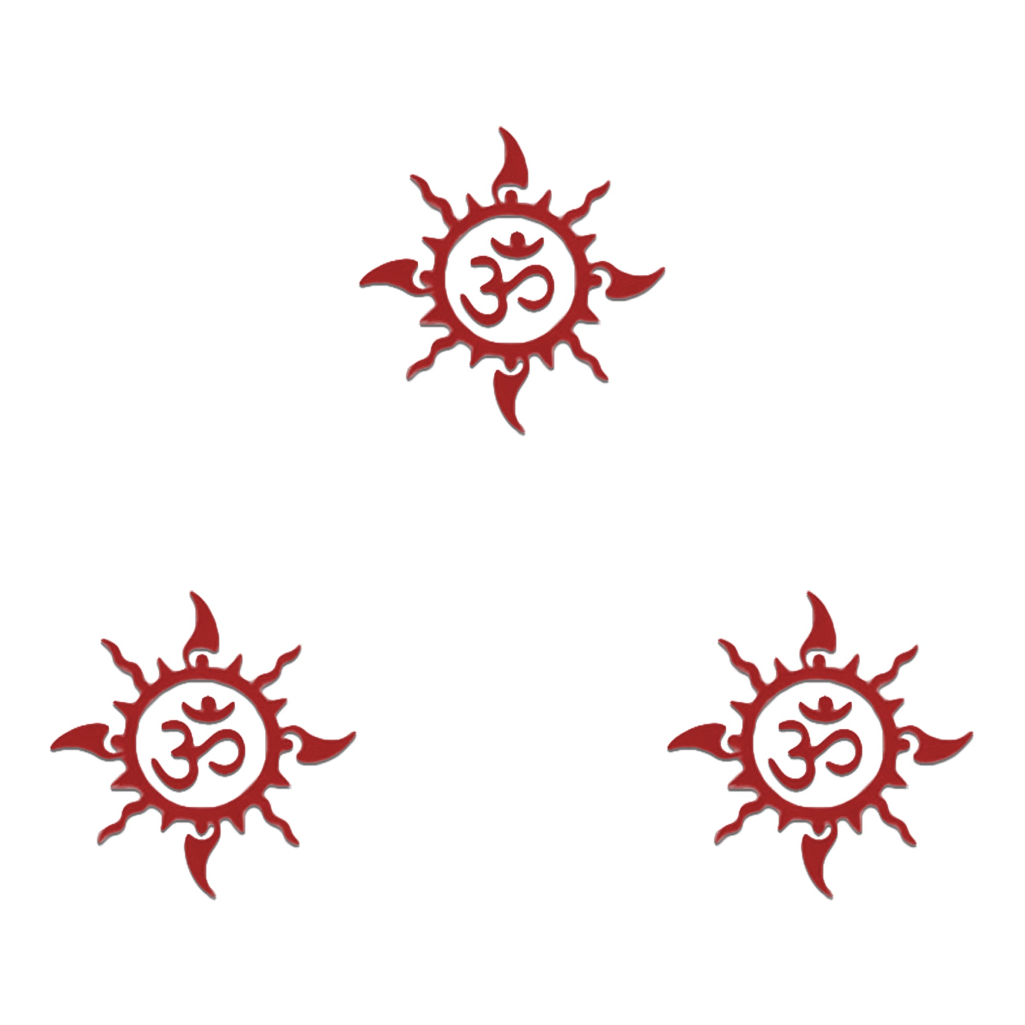 Comet Busters Om Surya designer bindi set featuring a maroon red sun motif with the sacred Om (ॐ) symbol at the center, reusable skin-friendly forehead stickers for women and girls.