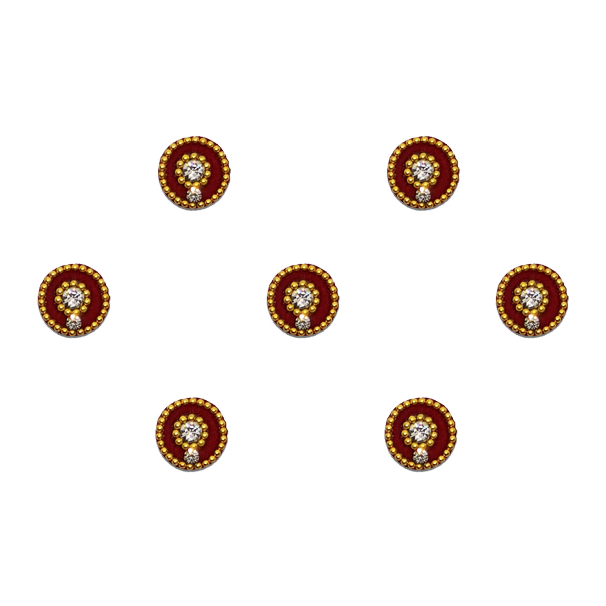 Comet Busters maroon round bindi featuring a central crystal stone surrounded by golden bead detailing and an accent crystal drop, offering a traditional festive look for weddings, cultural occasions, and ethnic wear.