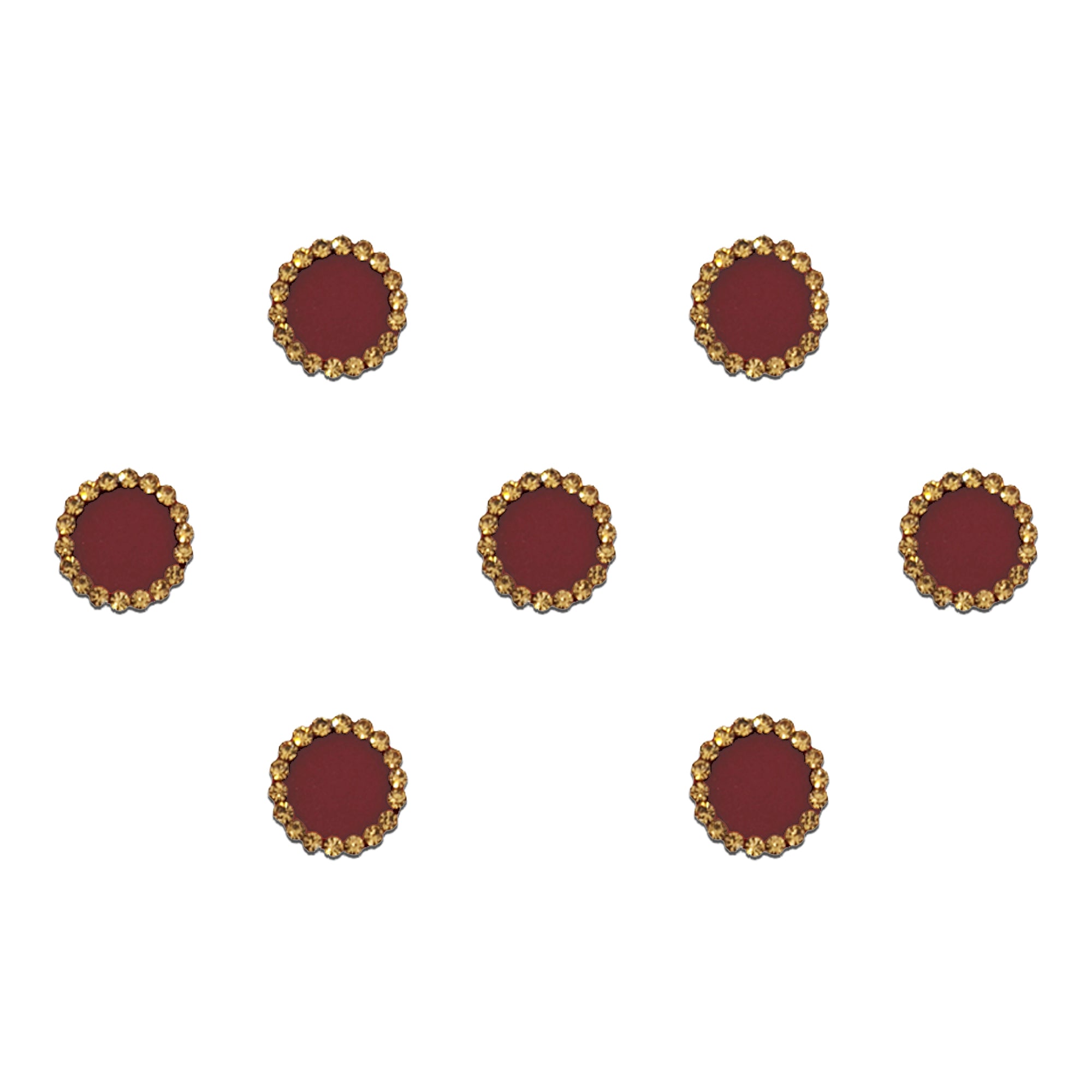 Comet Busters maroon round bindis with elegant gold decorative borders in a classic traditional designer style for festive and ethnic wear.