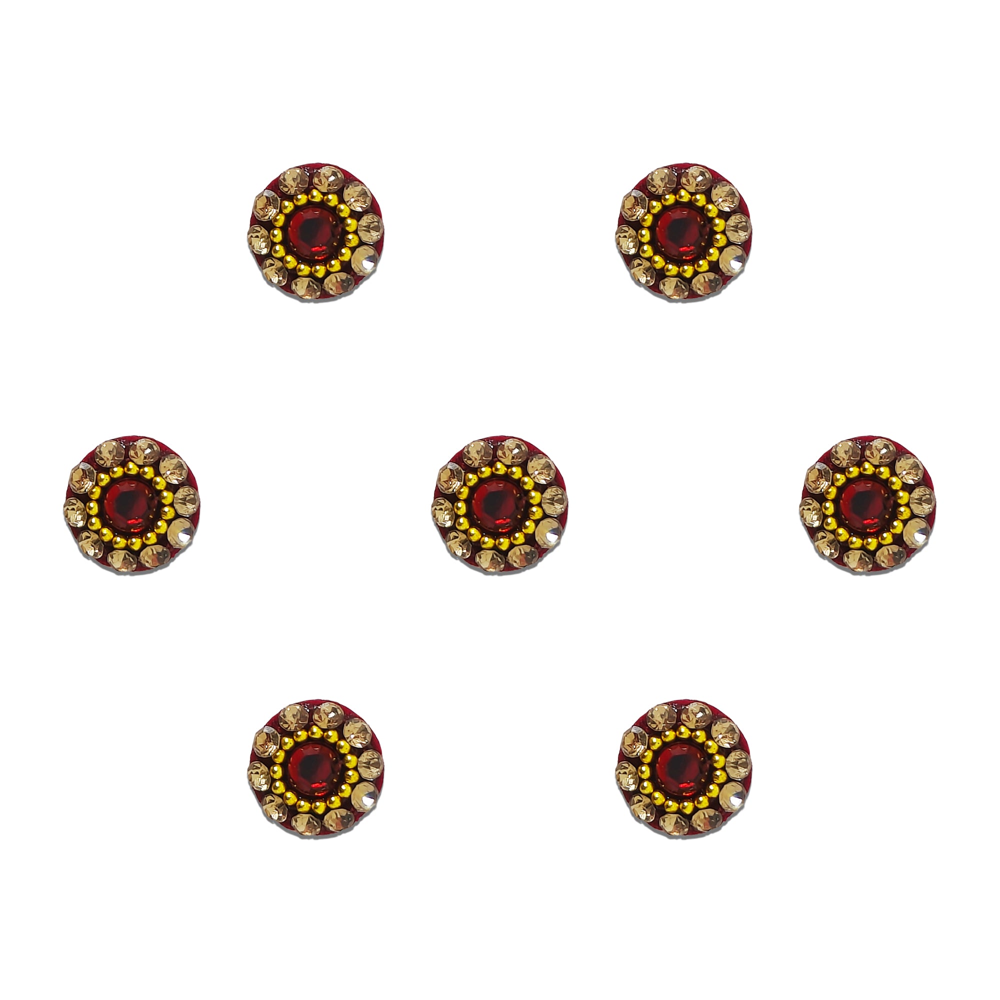 Comet Busters maroon round crystal designer bindi sheet featuring reusable self-adhesive bindis with a deep maroon center stone, surrounded by gold bead detailing and sparkling champagne crystal accents. These premium festive bindis are perfect for weddings, bridal wear, festivals, Navratri, Diwali, pooja, parties, and traditional ethnic outfits.