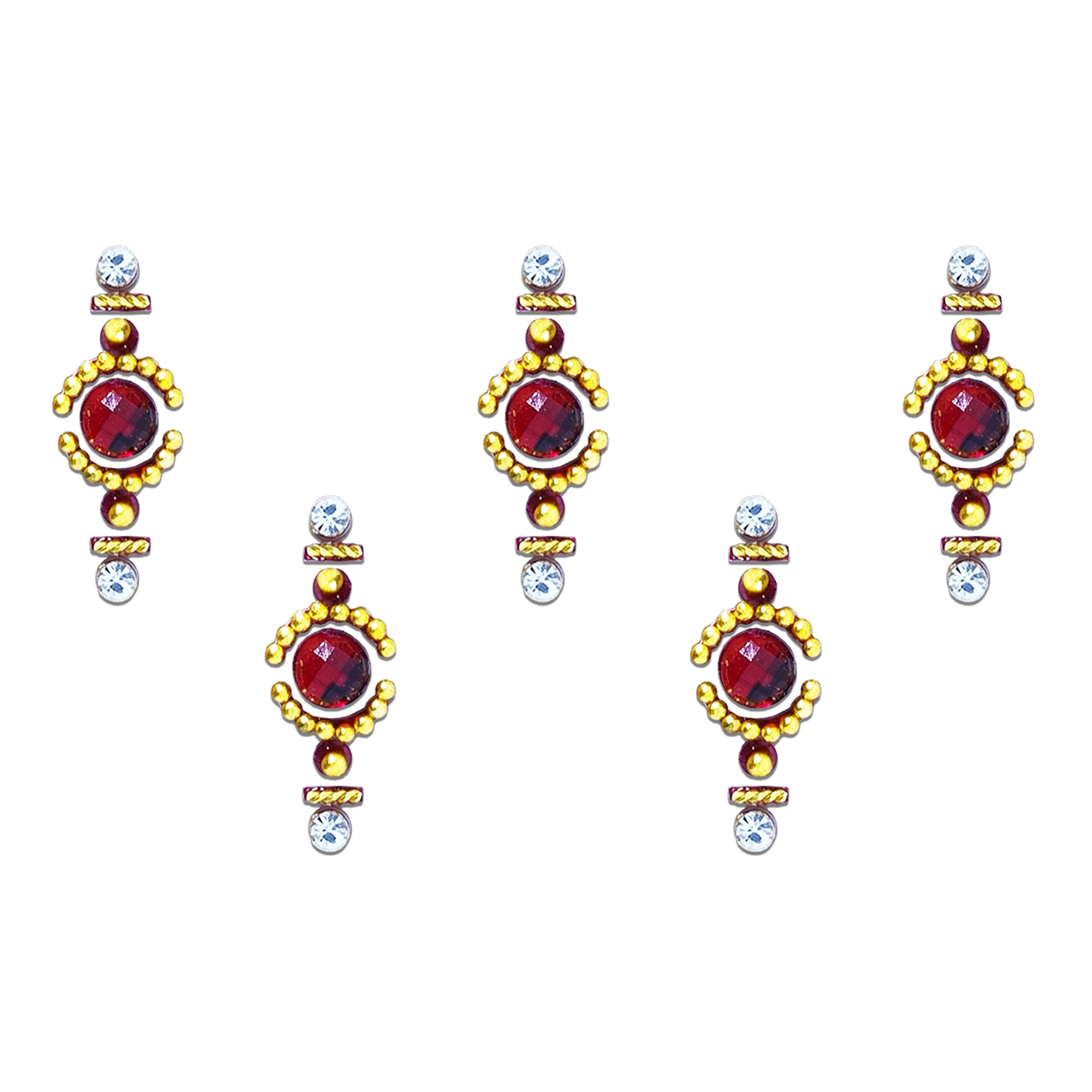Comet Busters maroon round crystal designer bindi sheet featuring 5 elegant bindis with a faceted maroon center stone, sparkling white rhinestones, and gold bead detailing, reusable forehead bindis for women and girls, perfect for weddings, festivals, parties, and traditional ethnic wear.