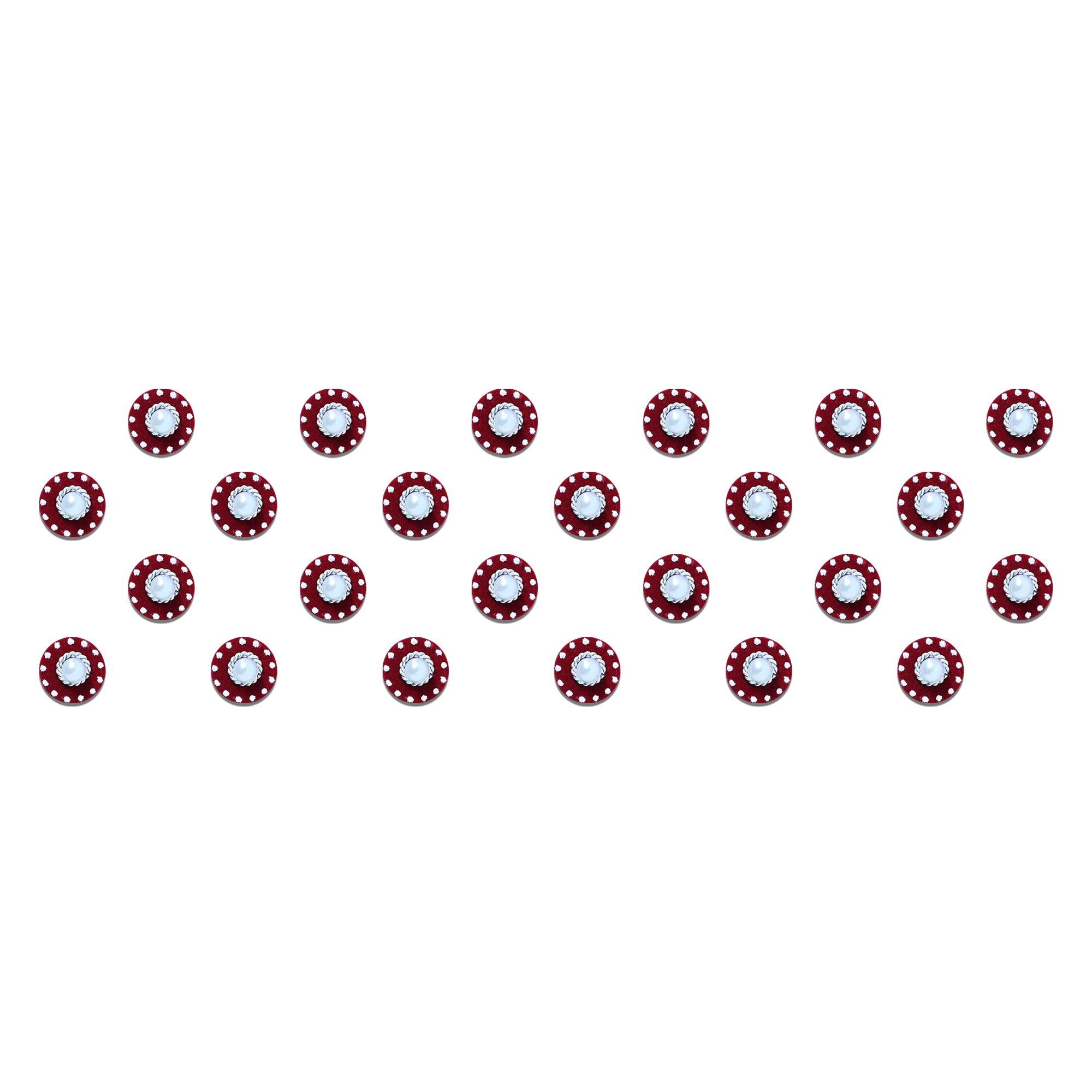 Comet Busters maroon round designer bindi set featuring a white pearl center, dotted border detailing, and a classic ethnic design. Reusable self-adhesive bindis for women and girls, perfect for daily wear, festive occasions, weddings, pujas, traditional celebrations, sarees, lehengas, kurtis, and ethnic Indian outfits.