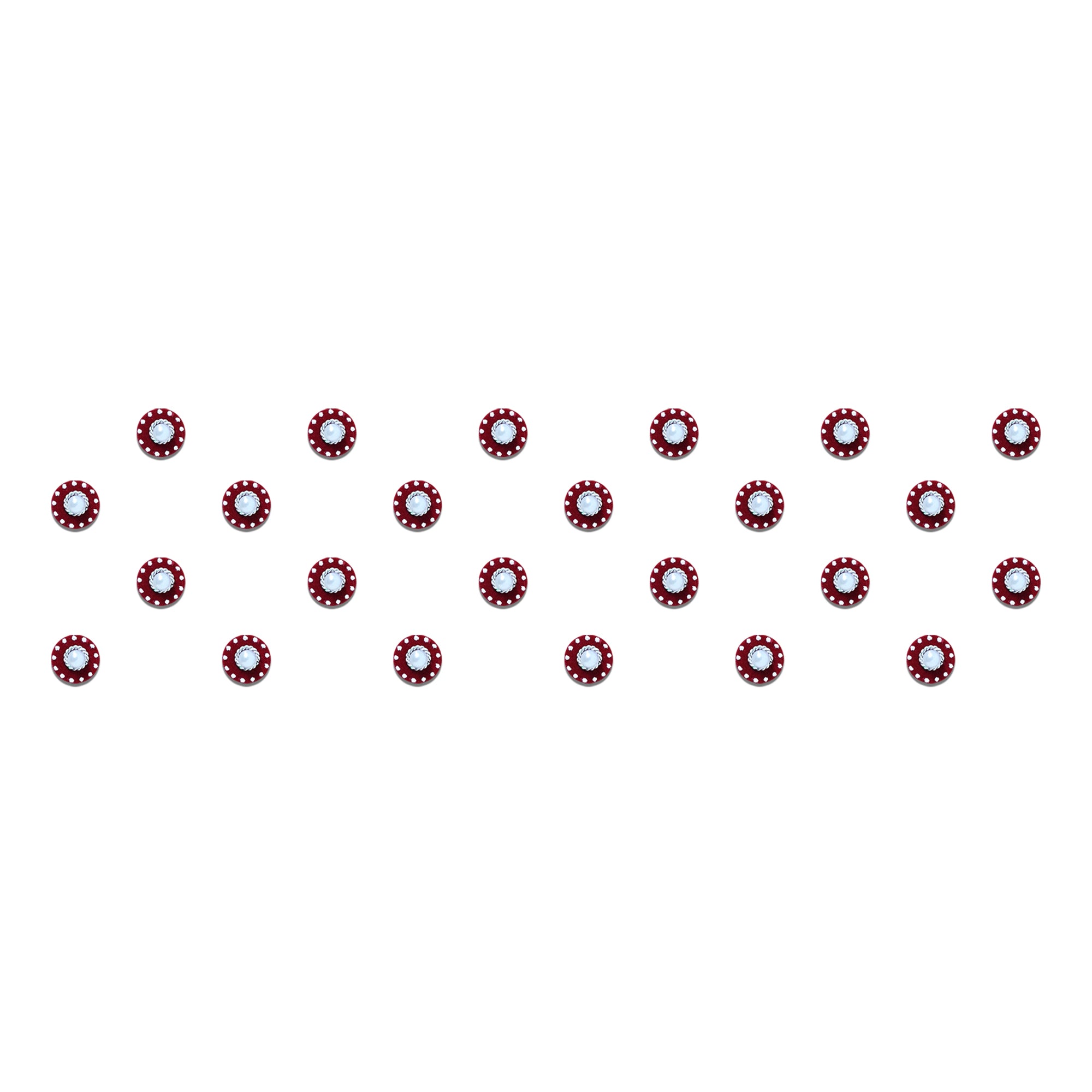 Comet Busters maroon round designer bindi sheet featuring elegant maroon bindis with a pearl center and white dotted border. Reusable self-adhesive bindis for women and girls, ideal for daily wear, festive occasions, traditional ceremonies, Navratri, Diwali, Karwa Chauth, temple visits, cultural events, sarees, lehengas, salwar suits, and ethnic fashion.