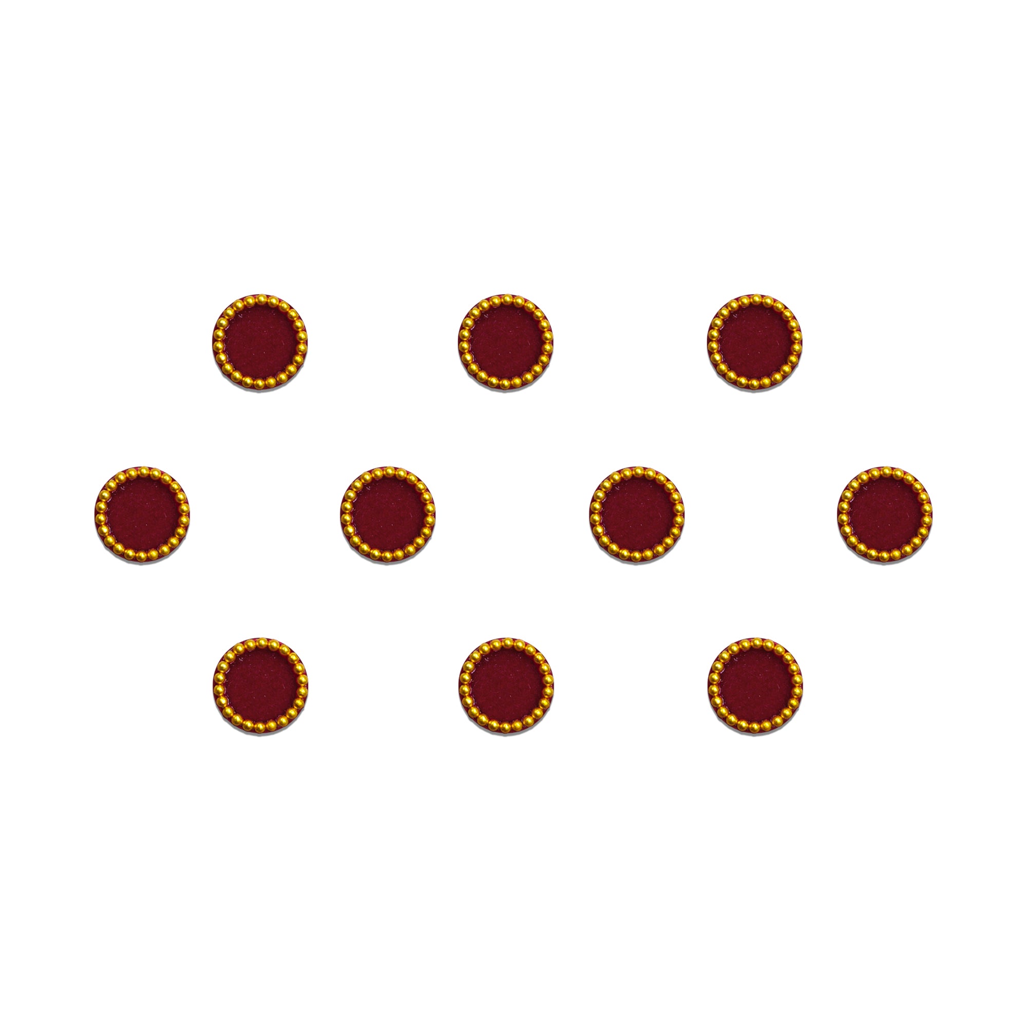 Comet Busters Maroon Round Velvet Beaded Bindi featuring a classic circular velvet center with an elegant gold micro-beaded border. Soft, self-adhesive, lightweight, and comfortable for women and girls. Perfect for daily wear, weddings, festivals, pooja, traditional ceremonies, office wear, and ethnic outfits.