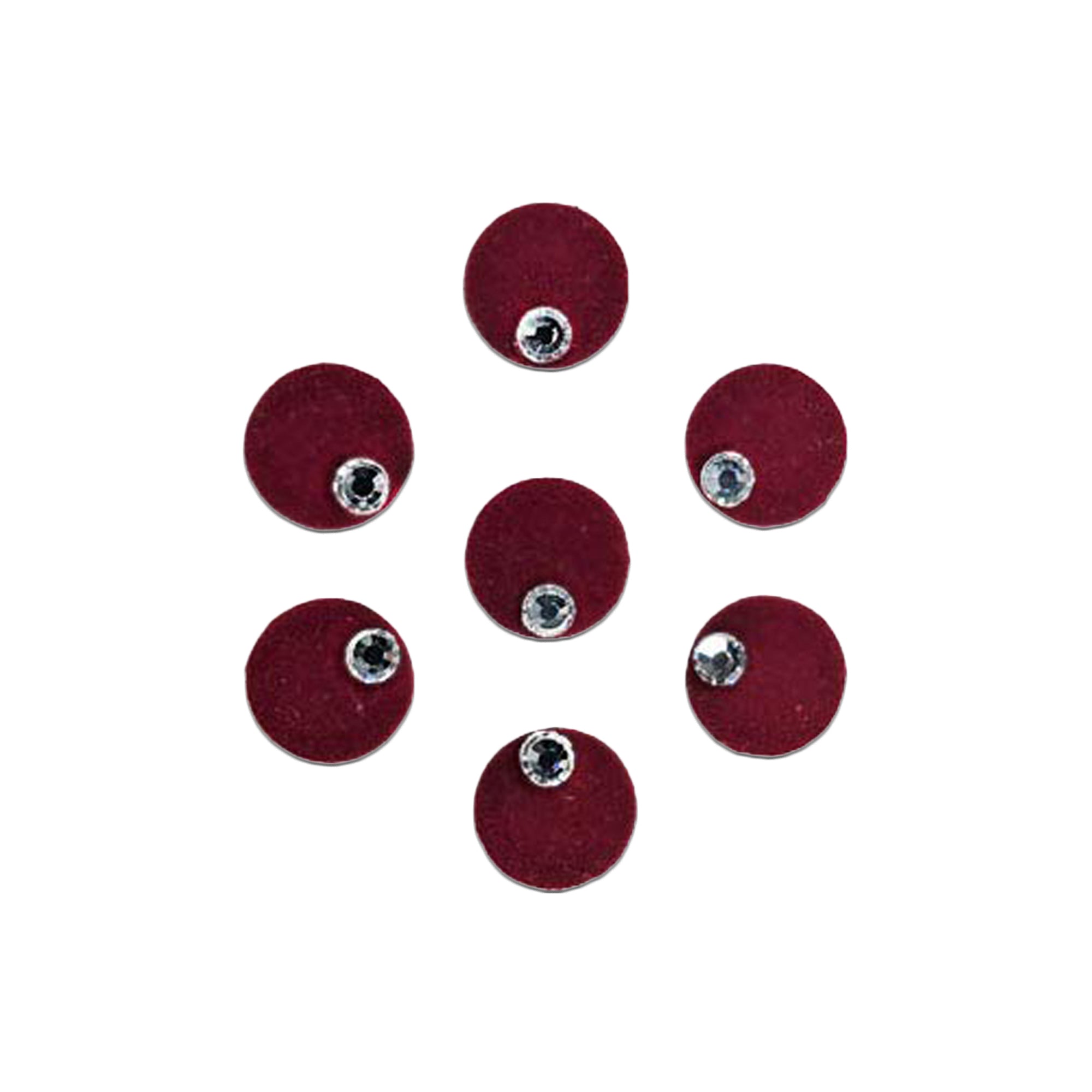 Comet Busters maroon round velvet bindi sheet featuring elegant circular bindis with sparkling crystal stone accents. Soft velvet self-adhesive bindis for women and girls, perfect for weddings, festivals, pooja, parties, traditional attire, office wear, and everyday ethnic styling.