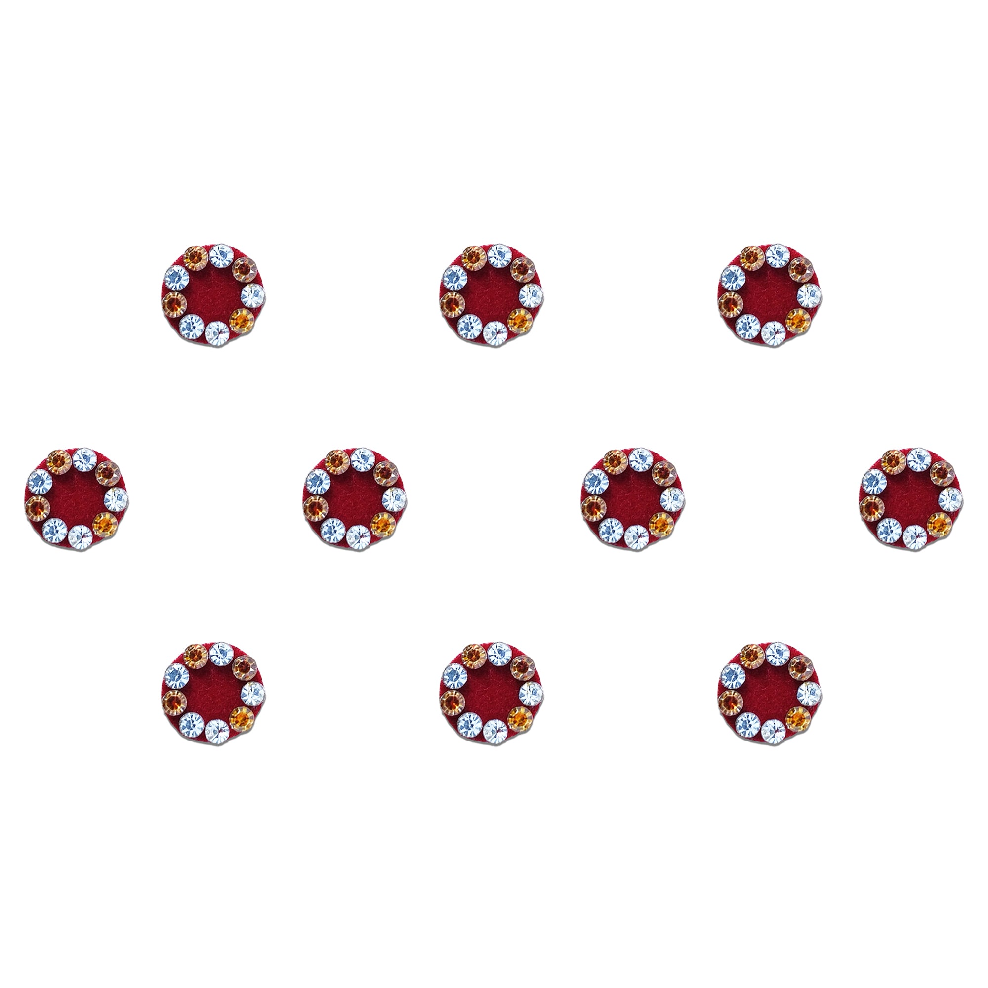 Comet Busters maroon round velvet bindi sheet featuring 10 designer round bindis with sparkling white and amber crystal stones, reusable forehead bindis for women and girls, perfect for festive wear, weddings, parties, and traditional ethnic outfits.