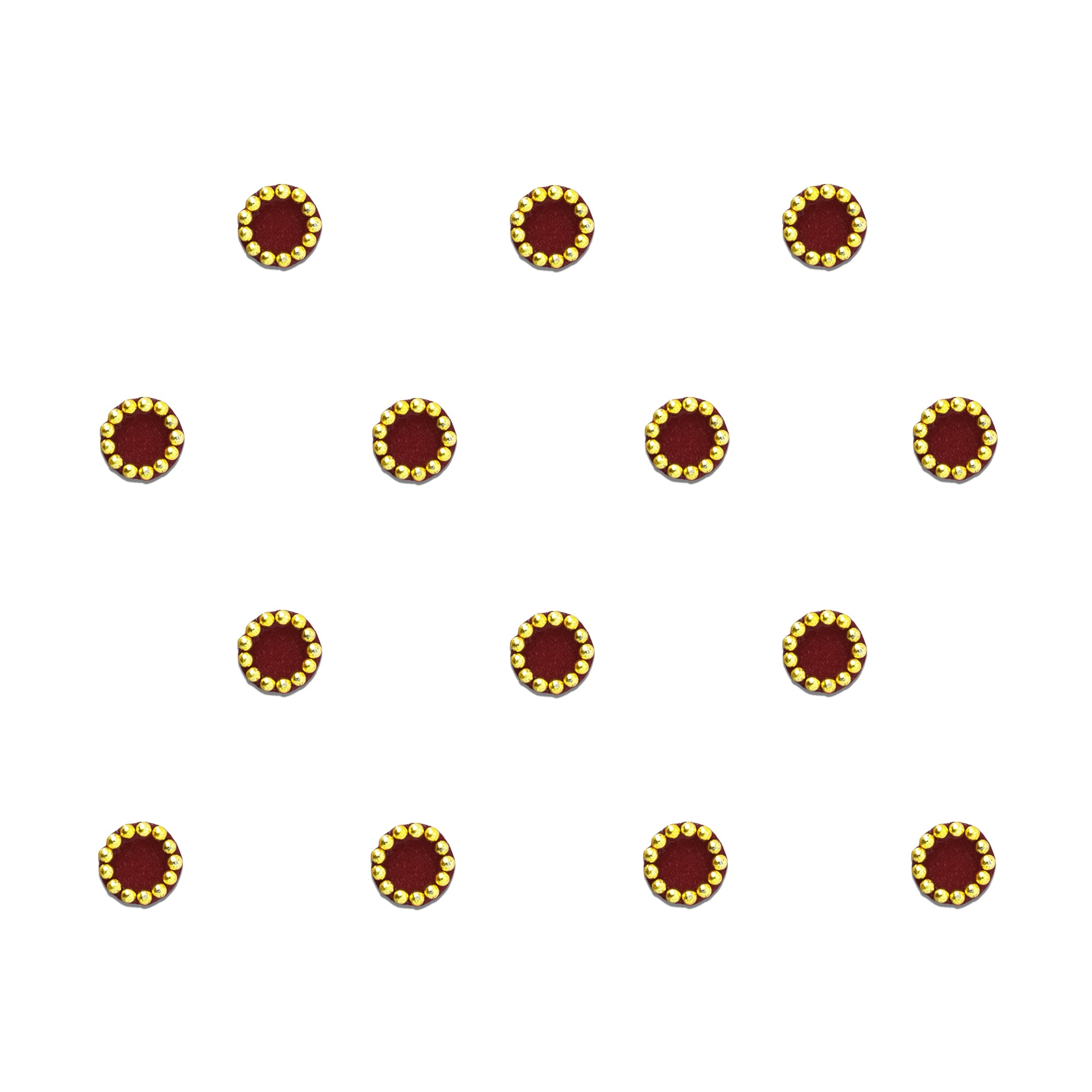 Maroon Stone Circle Velvet Bindi by Comet Busters featuring a rich maroon velvet center surrounded by a ring of sparkling golden stones. Reusable self-adhesive round bindi for women and girls, ideal for weddings, festive occasions, traditional attire, ethnic wear, and cultural celebrations.