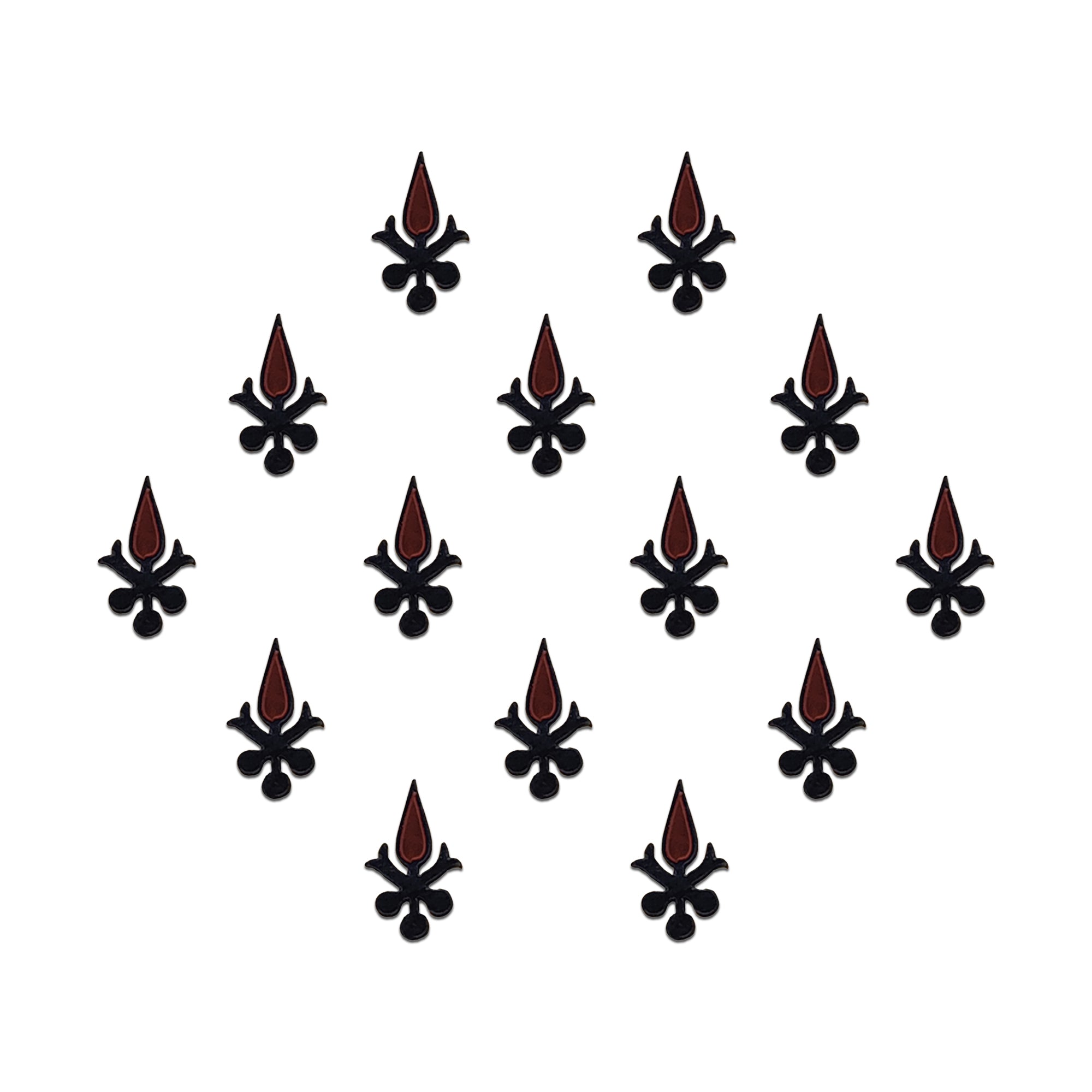 Black and maroon tribal-inspired designer bindi with layered leaf motifs and geometric detailing, elegant stick-on forehead accessory for festive and ethnic wear.