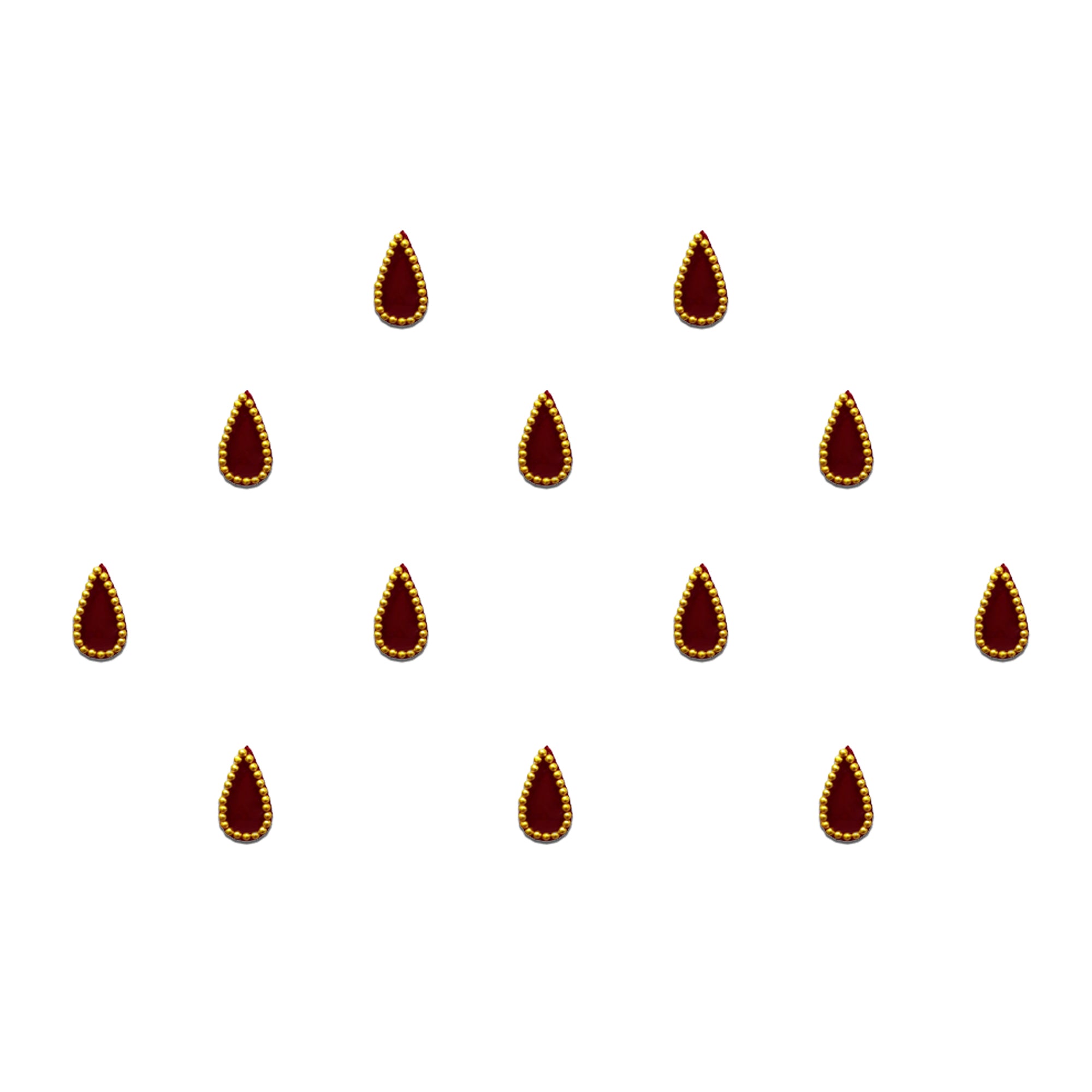 Comet Busters Royal Teardrop Golden Bead Maroon Bindi for Women and Girls, elegant red teardrop-shaped bindi surrounded by golden bead detailing, reusable designer forehead accessory for bridal, festive, wedding and traditional ethnic wear.