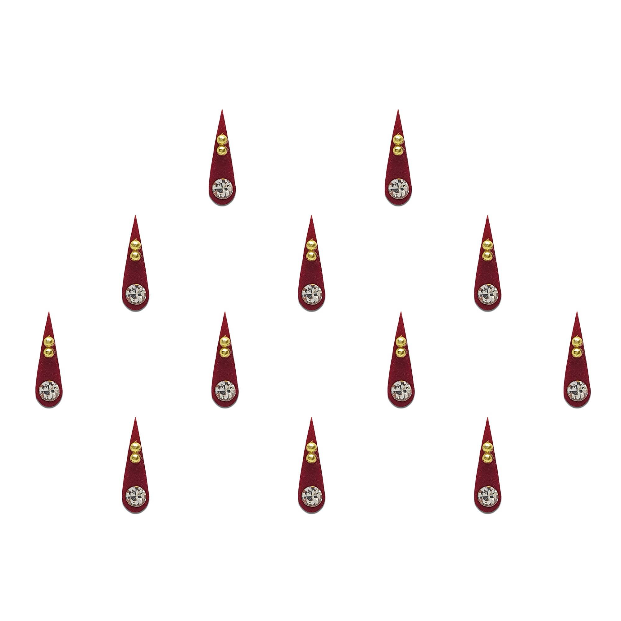 Comet Busters maroon teardrop-shaped designer bindis featuring a sparkling white crystal stone at the base and two small golden embellishments on top. Elegant traditional forehead stickers suitable for festive wear, ethnic outfits, weddings, and cultural occasions.