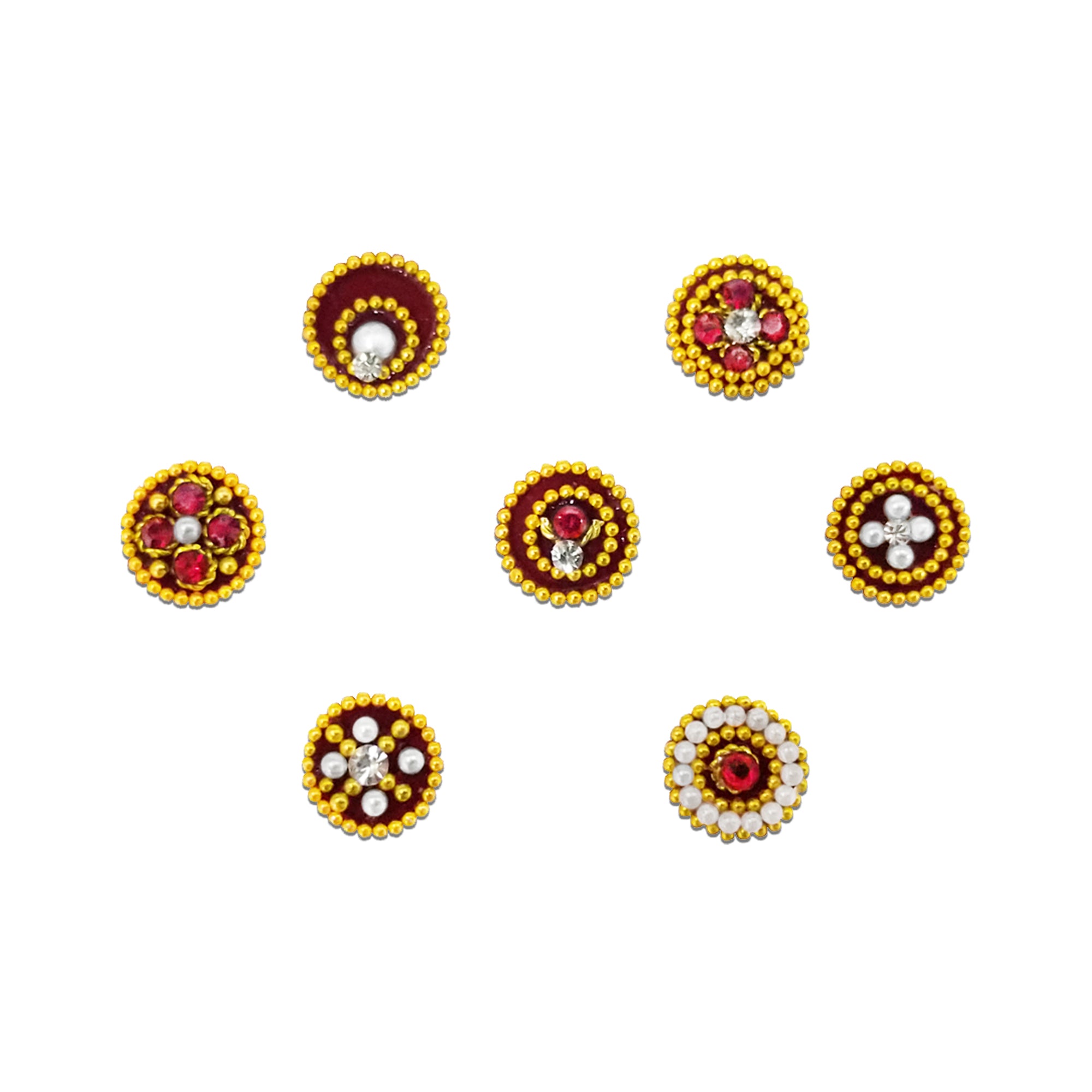 Comet Busters maroon traditional round designer bindi set featuring intricate golden bead borders, red stones, white pearls, and sparkling crystal embellishments in assorted floral and circular designs. Reusable self-adhesive bindis for women and girls, ideal for weddings, festivals, Navratri, Diwali, pujas, bridal wear, sarees, lehengas, kurtis, and traditional Indian attire.