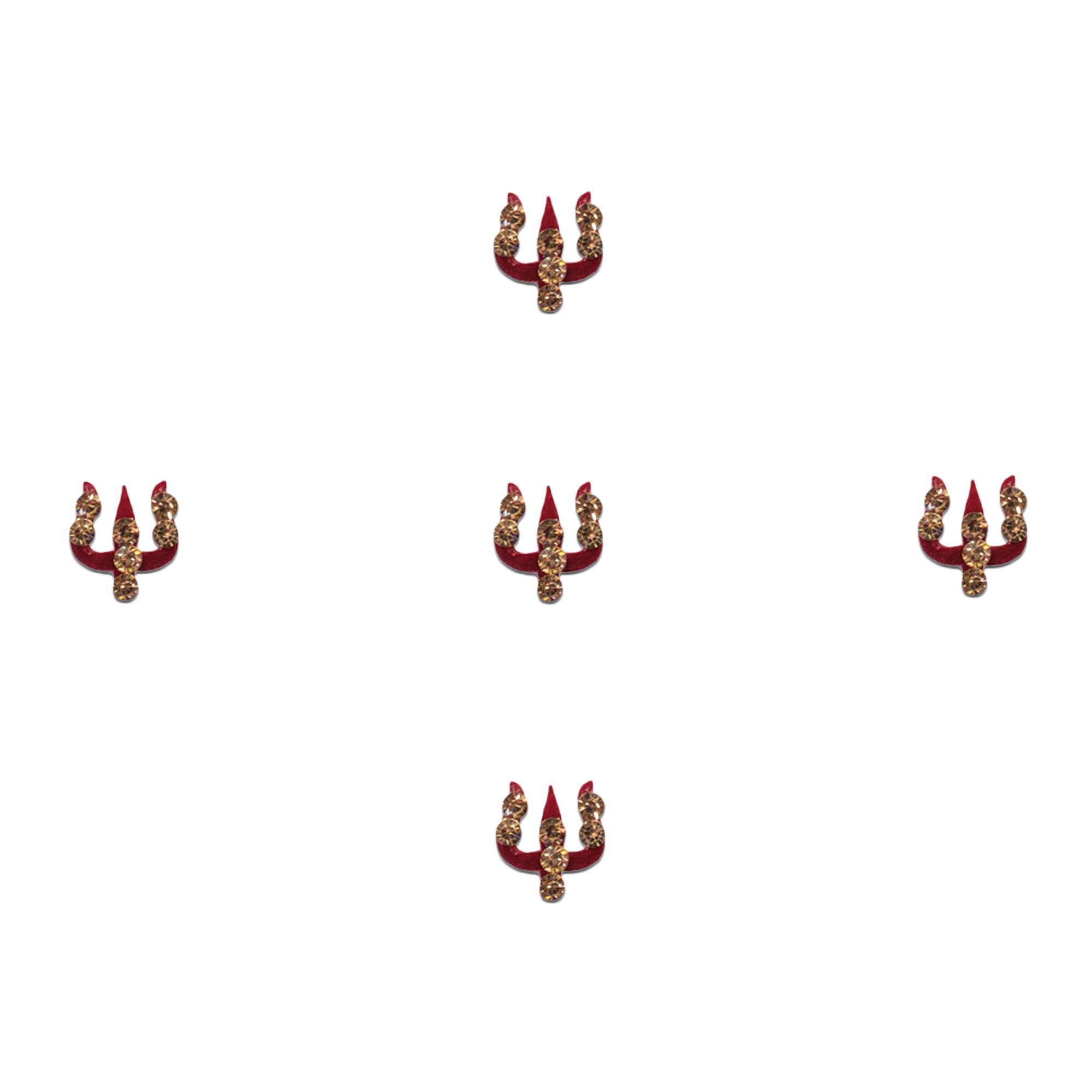 Comet Busters maroon Trishul designer bindis featuring an auspicious trident shape with golden crystal accents, self-adhesive spiritual bindis for women and girls.