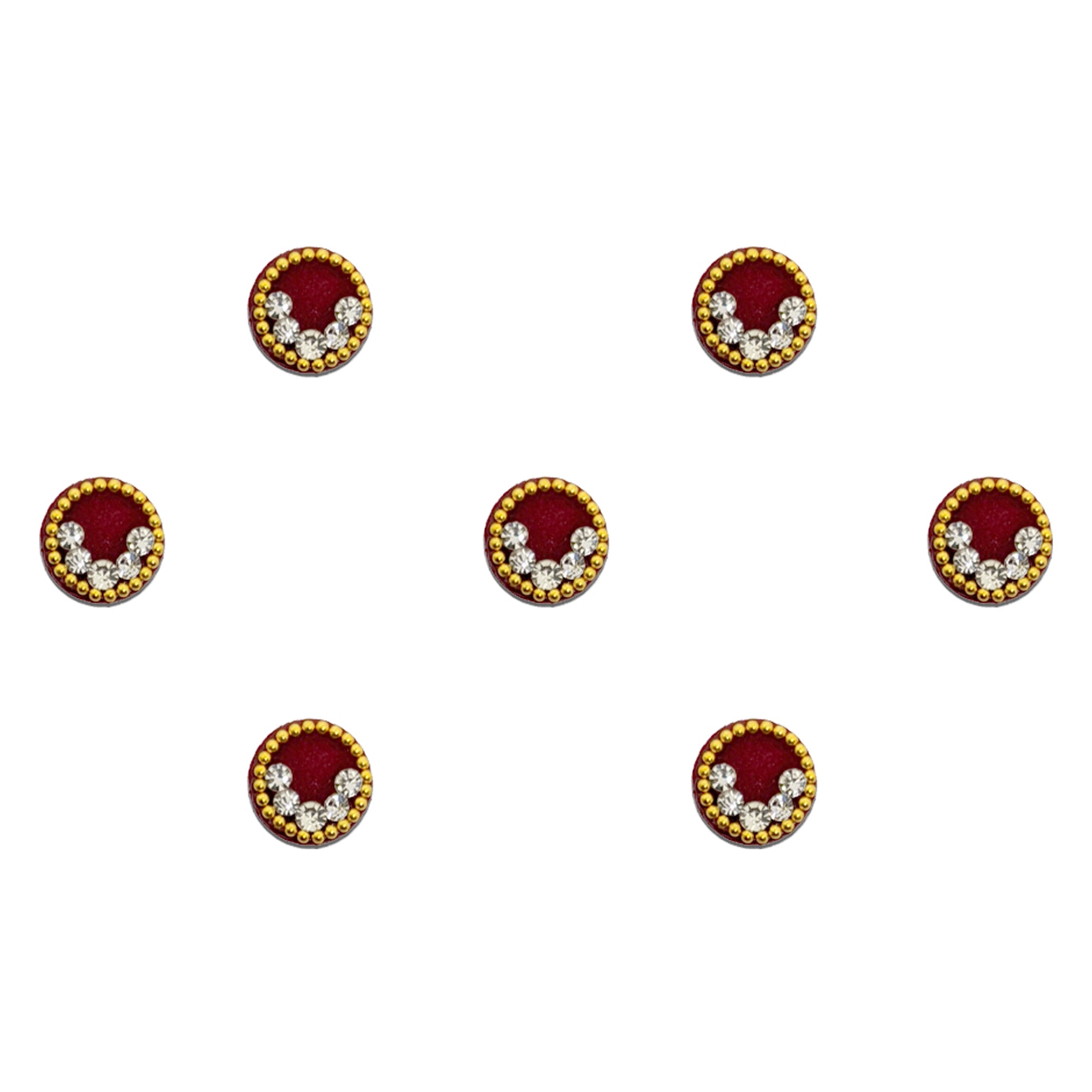 Comet Busters Maroon round velvet bindis featuring sparkling crescent-shaped crystal stone arrangement with gold bead border detailing for festive, bridal, and traditional ethnic wear.