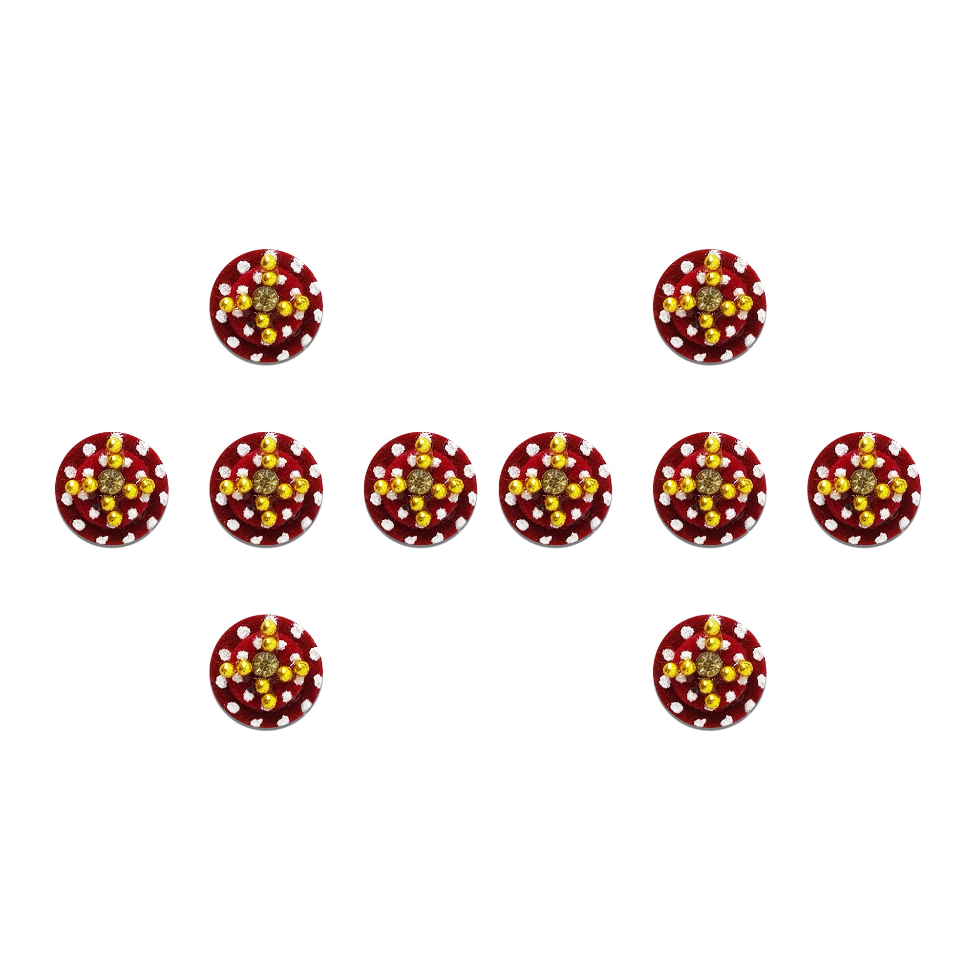 Comet Busters maroon velvet round designer bindi set featuring white dot detailing, golden bead floral accents, and a sparkling crystal center, reusable skin-friendly forehead stickers for women and girls.