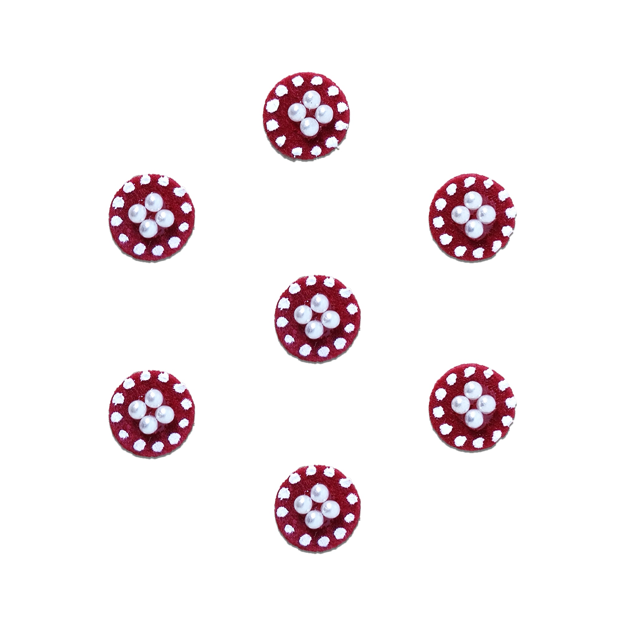 Comet Busters maroon velvet round designer bindi set with white dotted border and four white pearls arranged in a floral cluster at the center, reusable skin-friendly forehead bindis for women and girls.