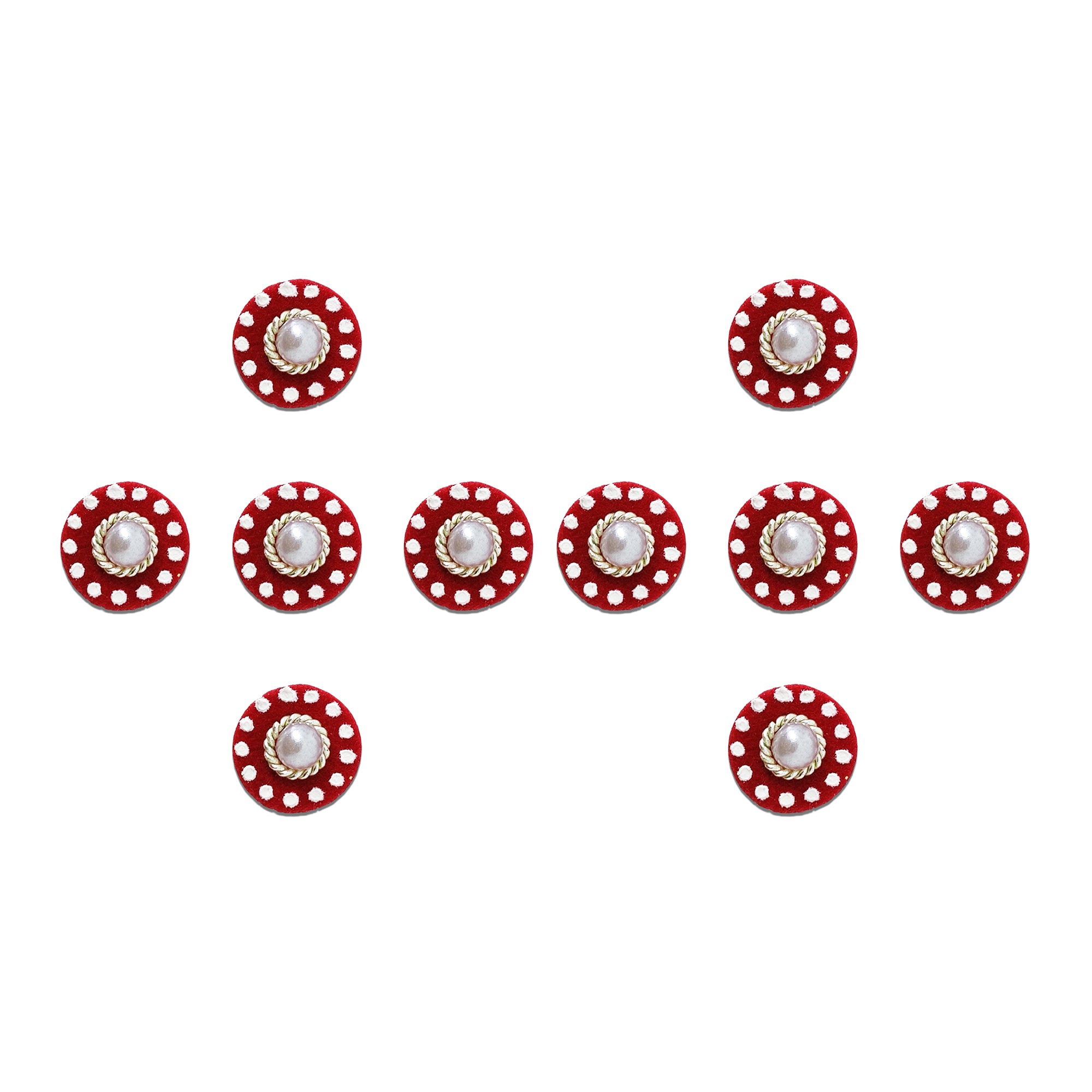 Comet Busters maroon velvet round designer bindi set featuring white dot detailing, a central white pearl with golden rope border, reusable skin-friendly forehead stickers for women and girls.