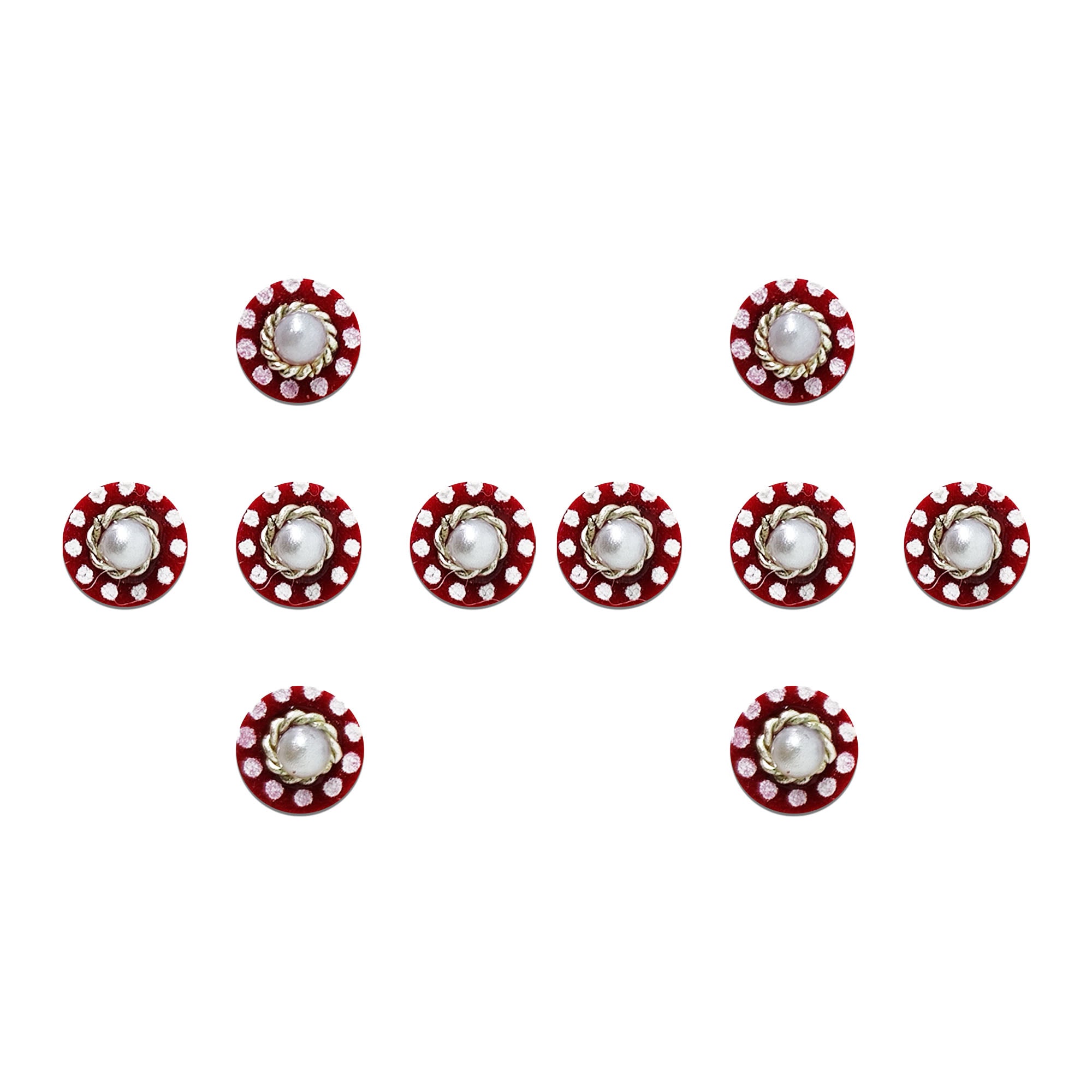 Comet Busters maroon velvet round designer bindi set featuring a central white pearl encircled by a gold rope pattern and a white dotted border, reusable skin-friendly forehead bindis for women and girls.