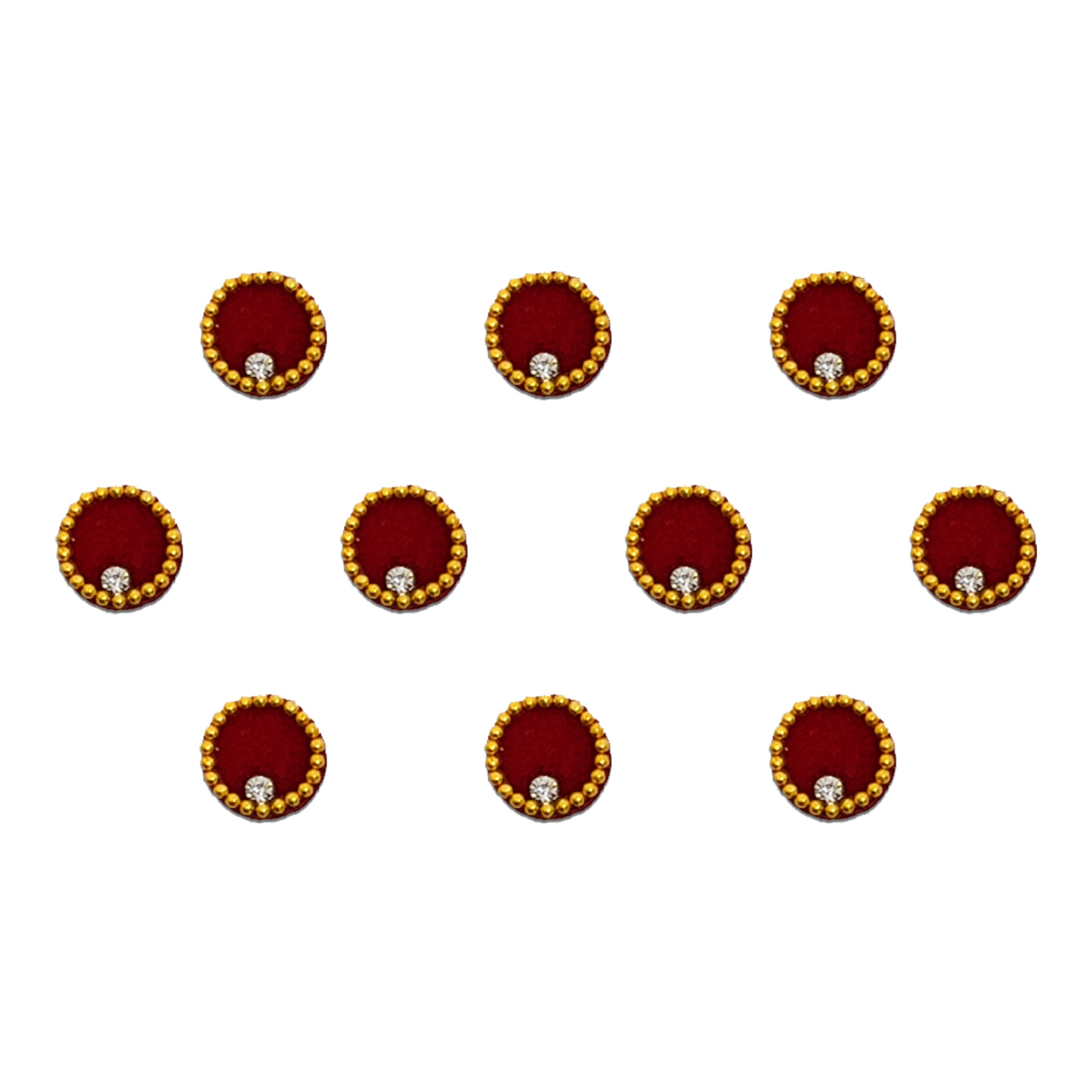 Comet Busters Elegant red velvet bindis adorned with a golden beaded border and a sparkling crystal accent, offering a classic and festive look for traditional Indian attire.