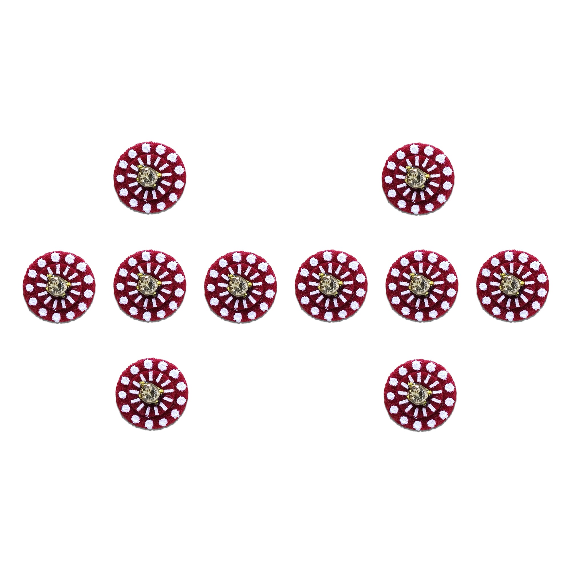 Comet Busters maroon velvet round designer bindi featuring white dot detailing and a sparkling golden crystal center, reusable skin-friendly forehead stickers for women and girls.