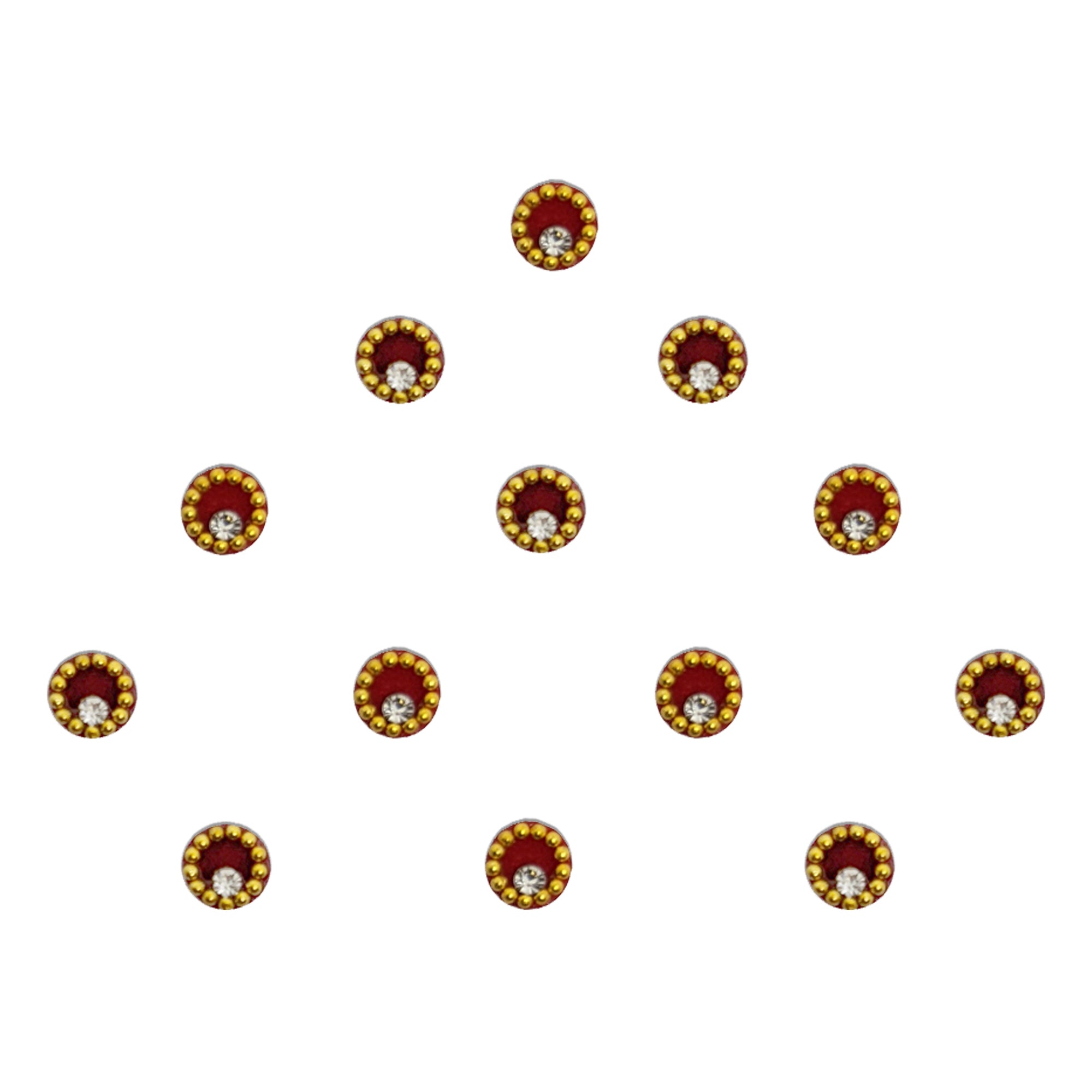 Comet Busters maroon velvet round bindis featuring elegant gold bead borders with sparkling crystal stone accents, designed for traditional, festive, and ethnic wear for women and girls.