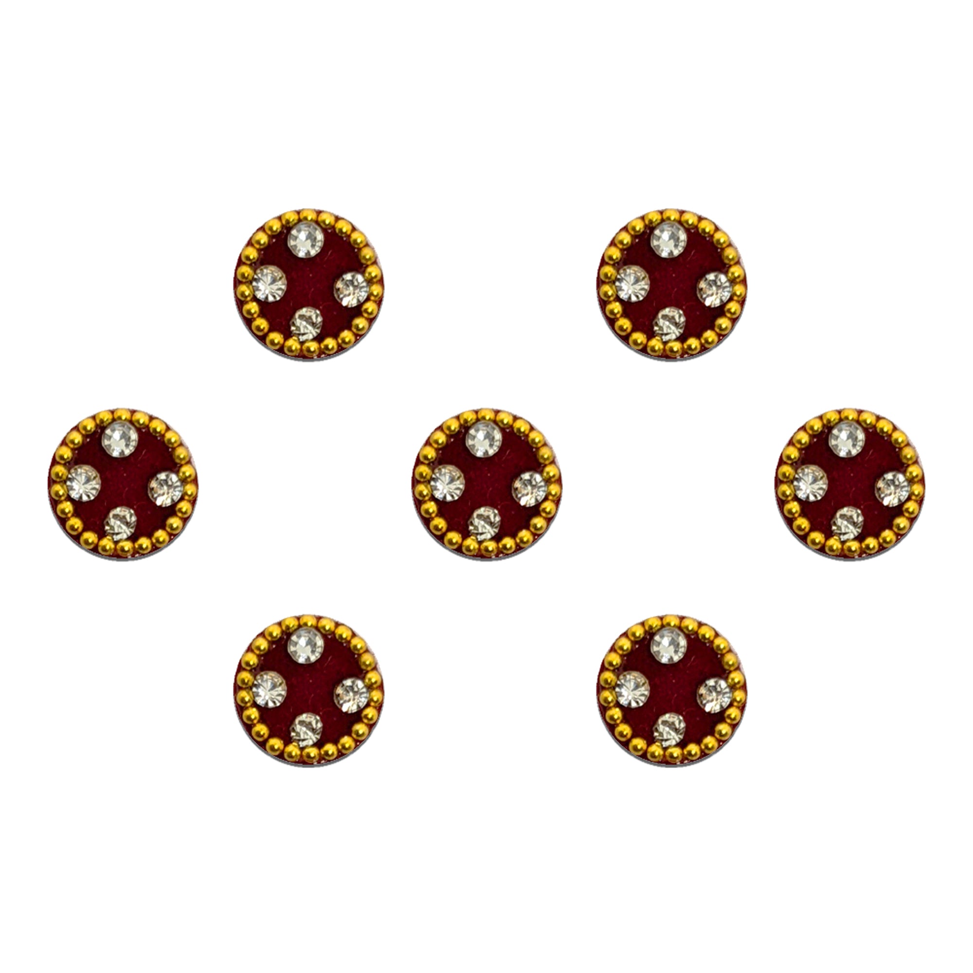 Comet Busters maroon round velvet bindi with sparkling white stones and golden bead border, traditional designer Indian forehead sticker bindis for festive and ethnic wear.