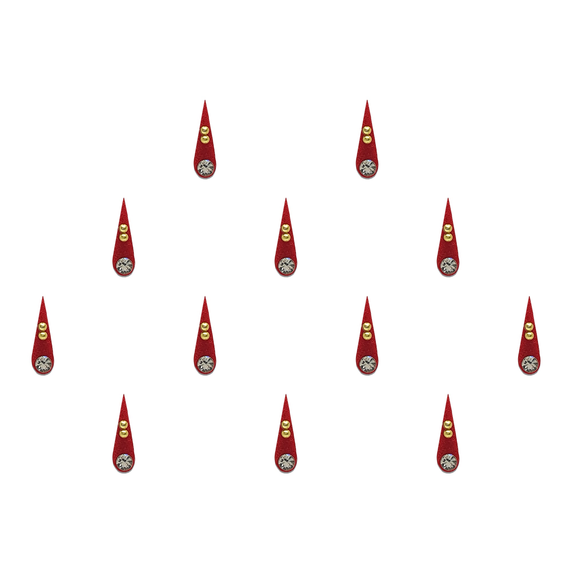 Comet Busters Maroon velvet teardrop bindi with crystal stone and gold bead detailing, designer Indian forehead sticker for women, ideal for weddings, festivals, Navratri, cultural events, classical dance performances, and ethnic outfits.