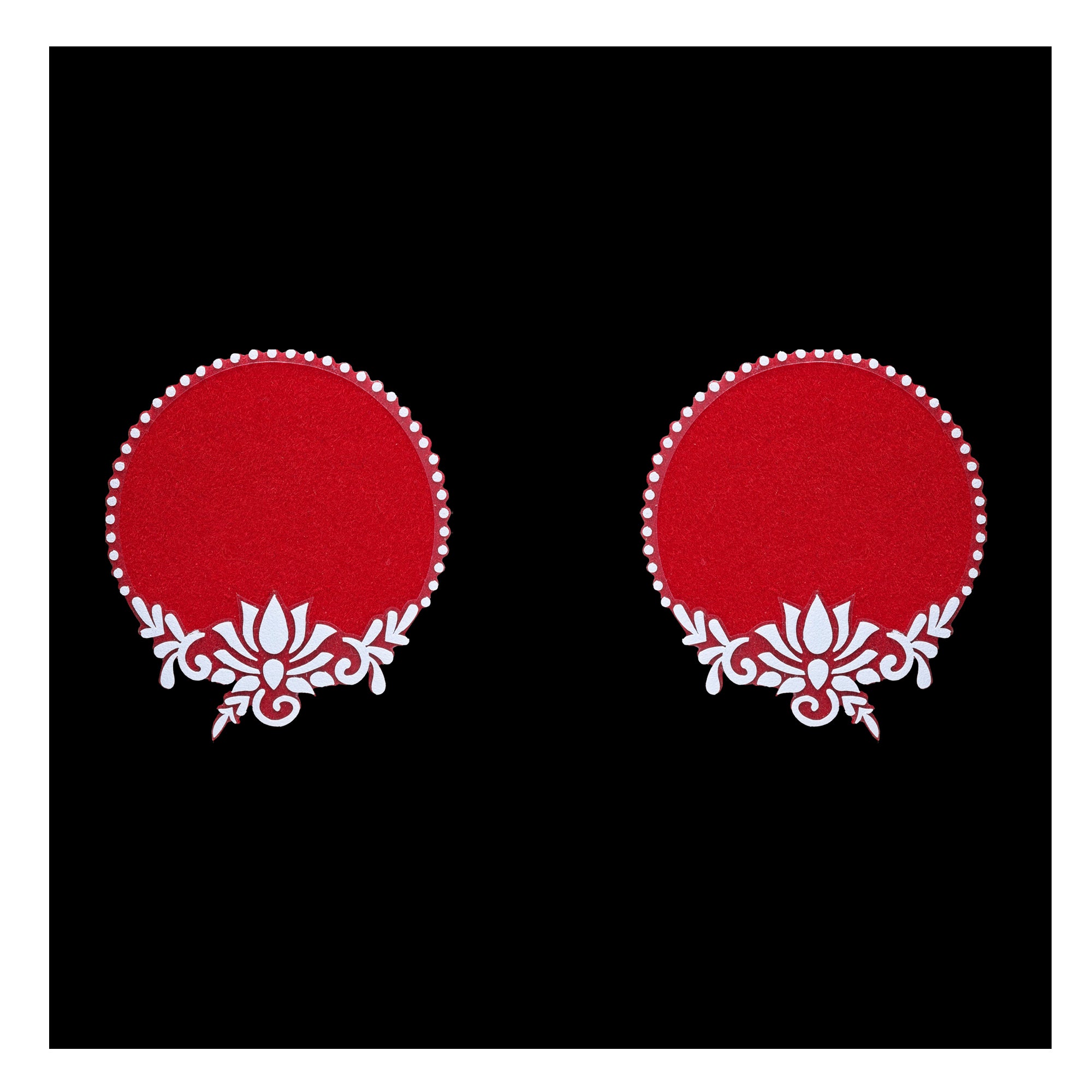 Comet Busters maroon lotus hand bindi sticker with white floral accents, decorative dots and symmetrical traditional design