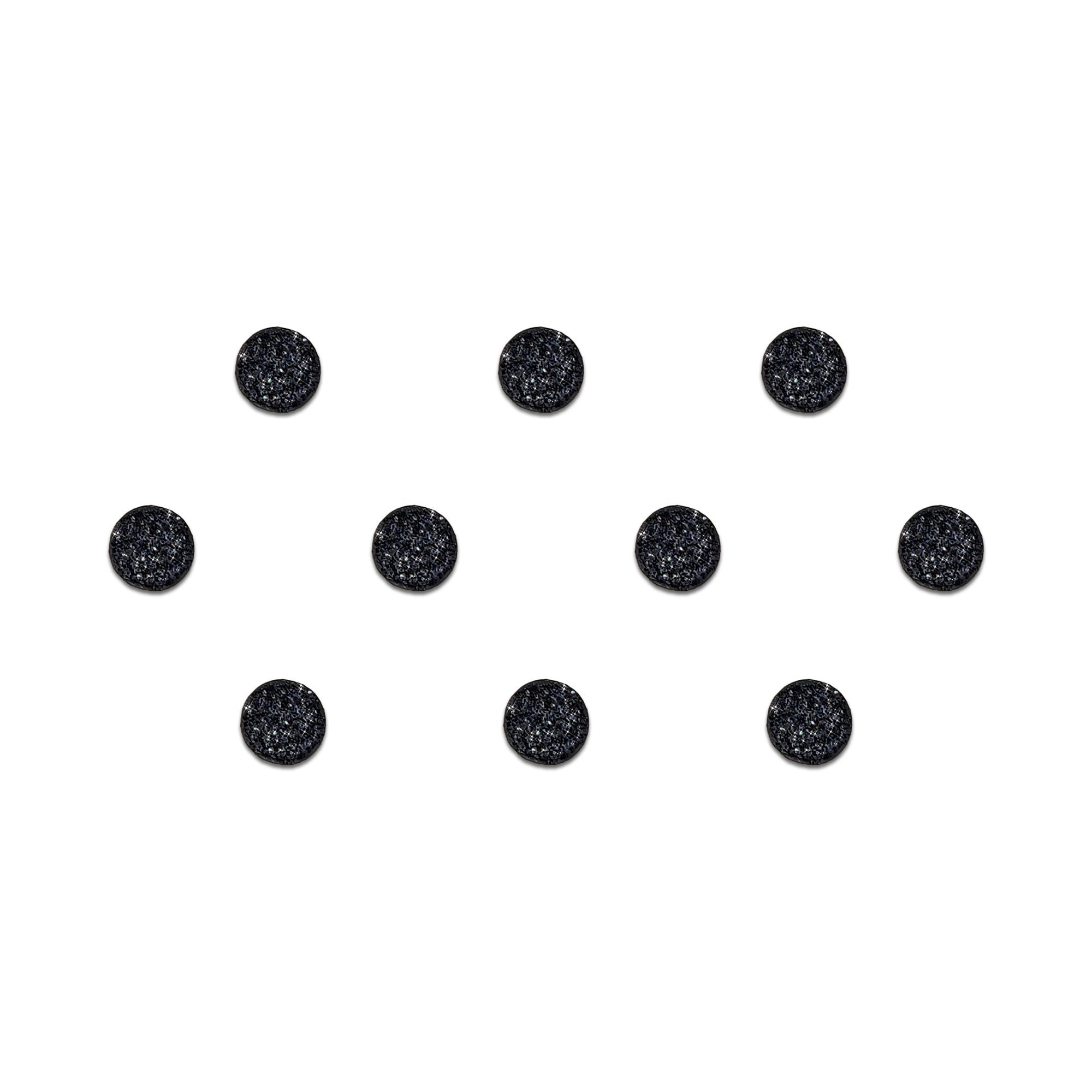 Black glitter round bindi with shimmering textured finish, elegant stick-on forehead accessory for festive, casual, and ethnic wear.