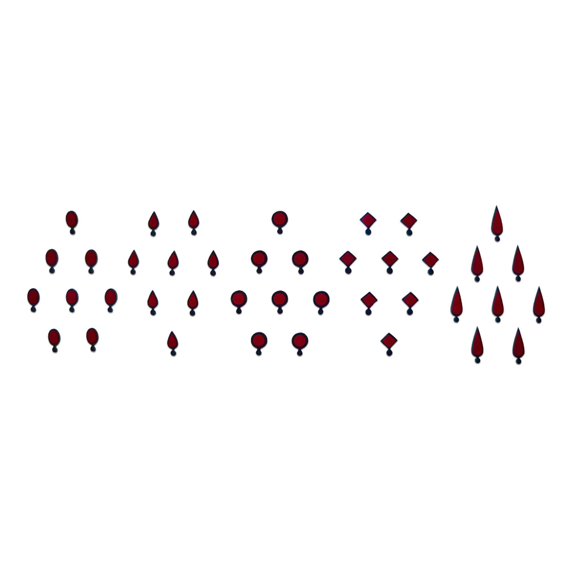 Comet Busters assorted red shape bindis with classic round, oval, and teardrop designs.