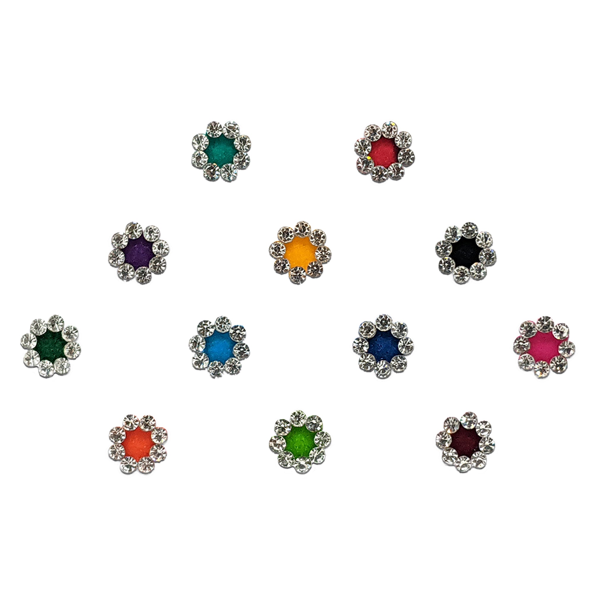 Comet Busters multicolor mini round bindis featuring elegant crystal stone borders with vibrant center shades for festive, casual, and ethnic wear styling.