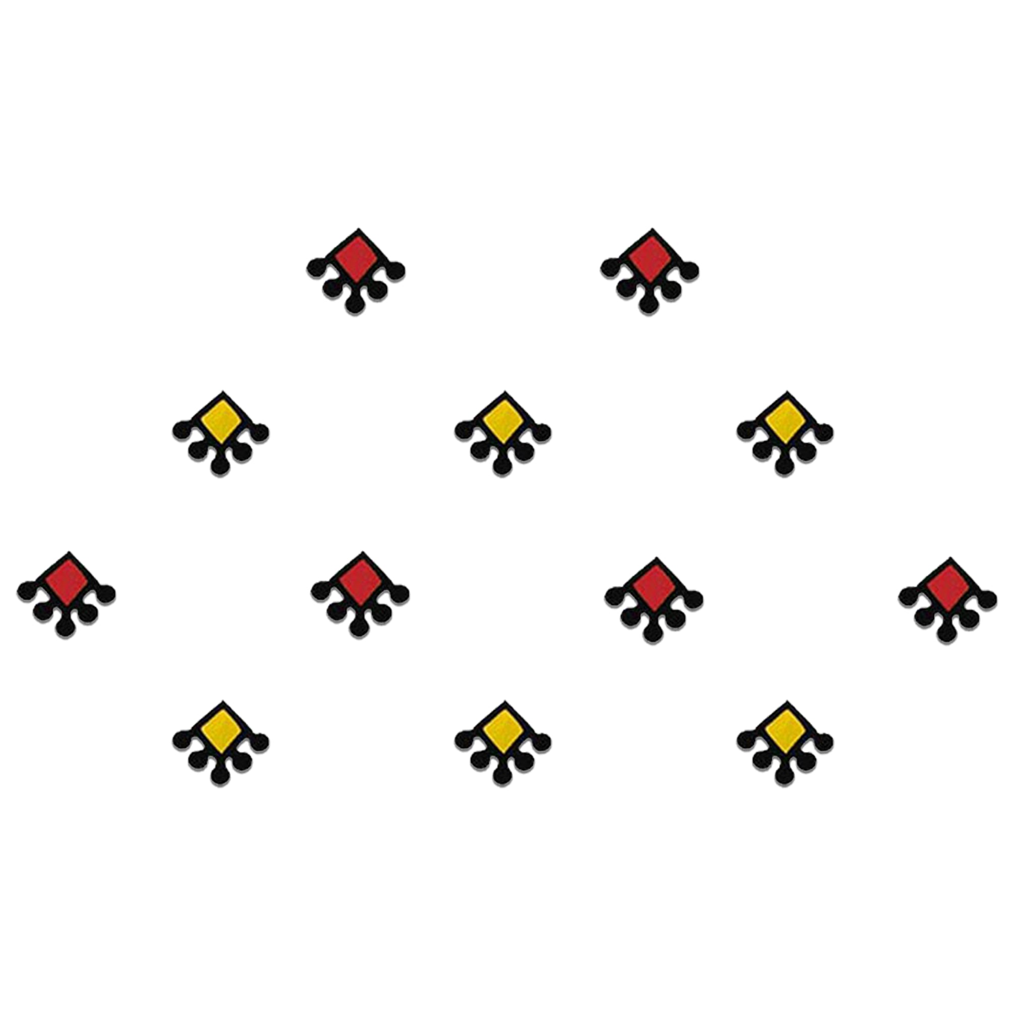 Comet Busters mini diamond designer bindi set featuring red and yellow diamond-shaped bindis with decorative black petal accents, reusable skin-friendly forehead stickers for women and girls.