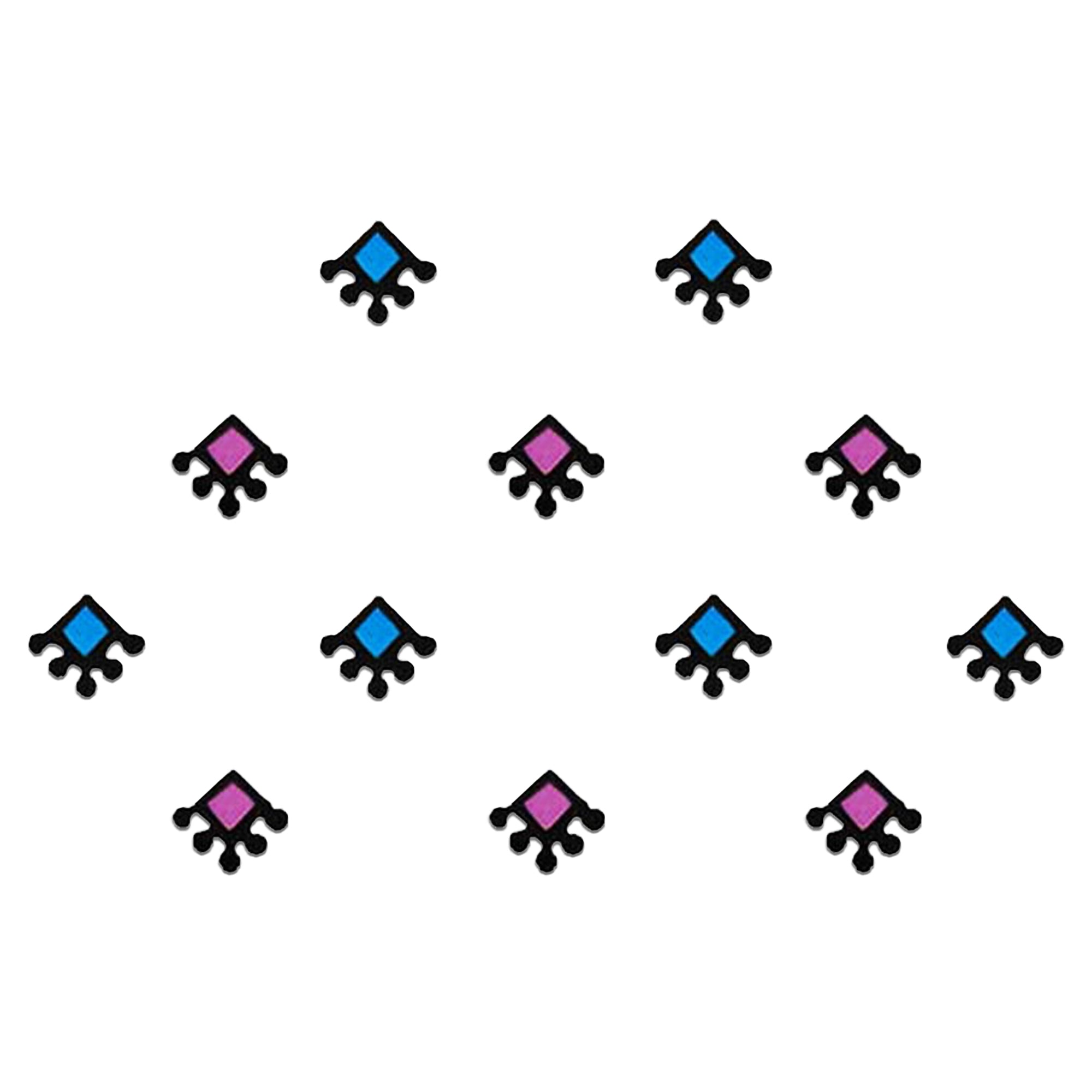 Comet Busters mini diamond motif designer bindi set featuring blue and pink diamond-shaped bindis with ornamental black detailing, reusable skin-friendly forehead stickers for women and girls.