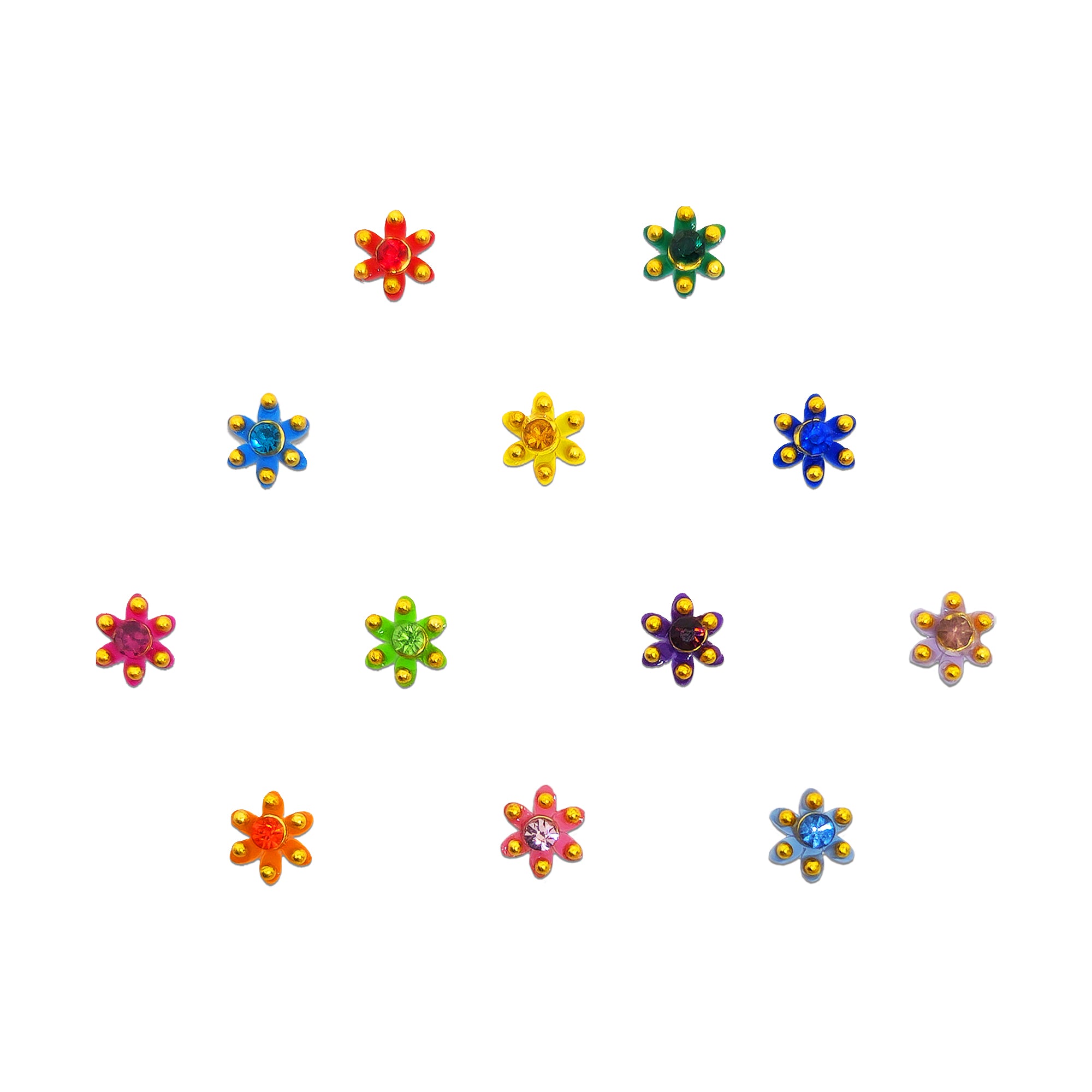 Comet Busters mini floral stone bindis featuring delicate flower-shaped designs with sparkling center stones and golden bead detailing in vibrant multicolor shades, ideal for festive occasions, ethnic outfits, daily wear, and traditional Indian styling.