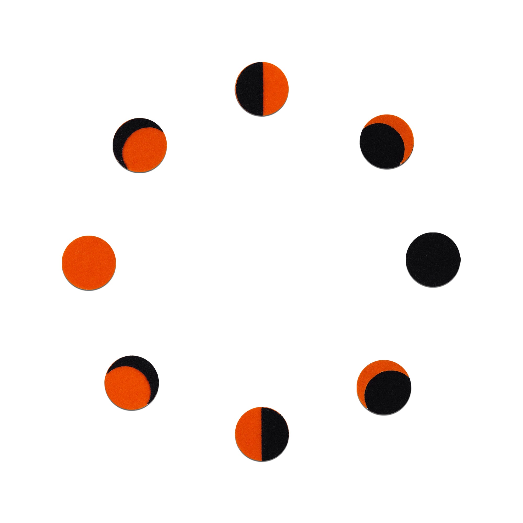 Comet Busters orange and black Phase of Moon round bindi featuring different moon phase-inspired designs, celestial-inspired traditional forehead bindi for women and girls.