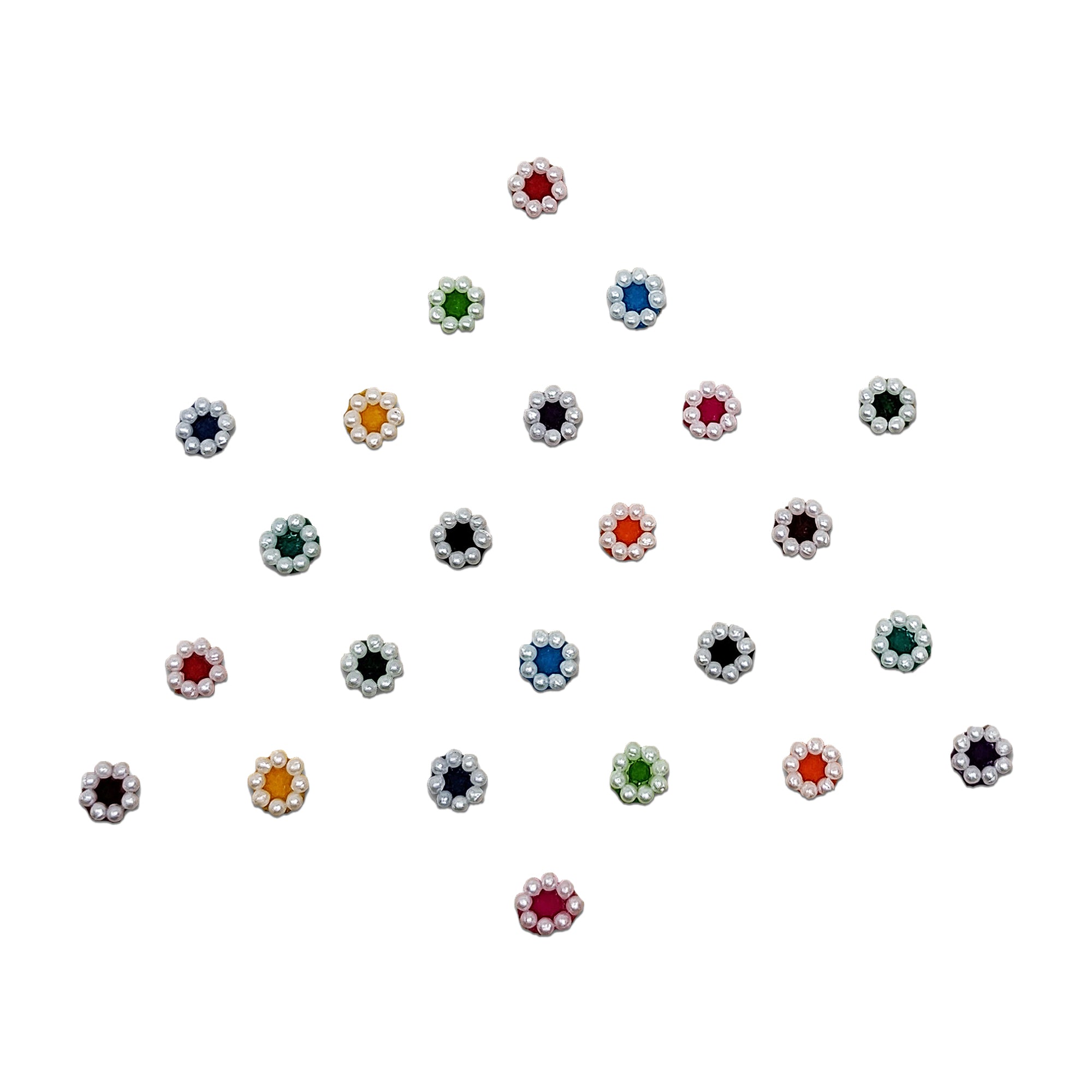 Comet Busters mini multicolor velvet round bindis featuring sparkling crystal Pearl  accents for festive, traditional, and party wear.