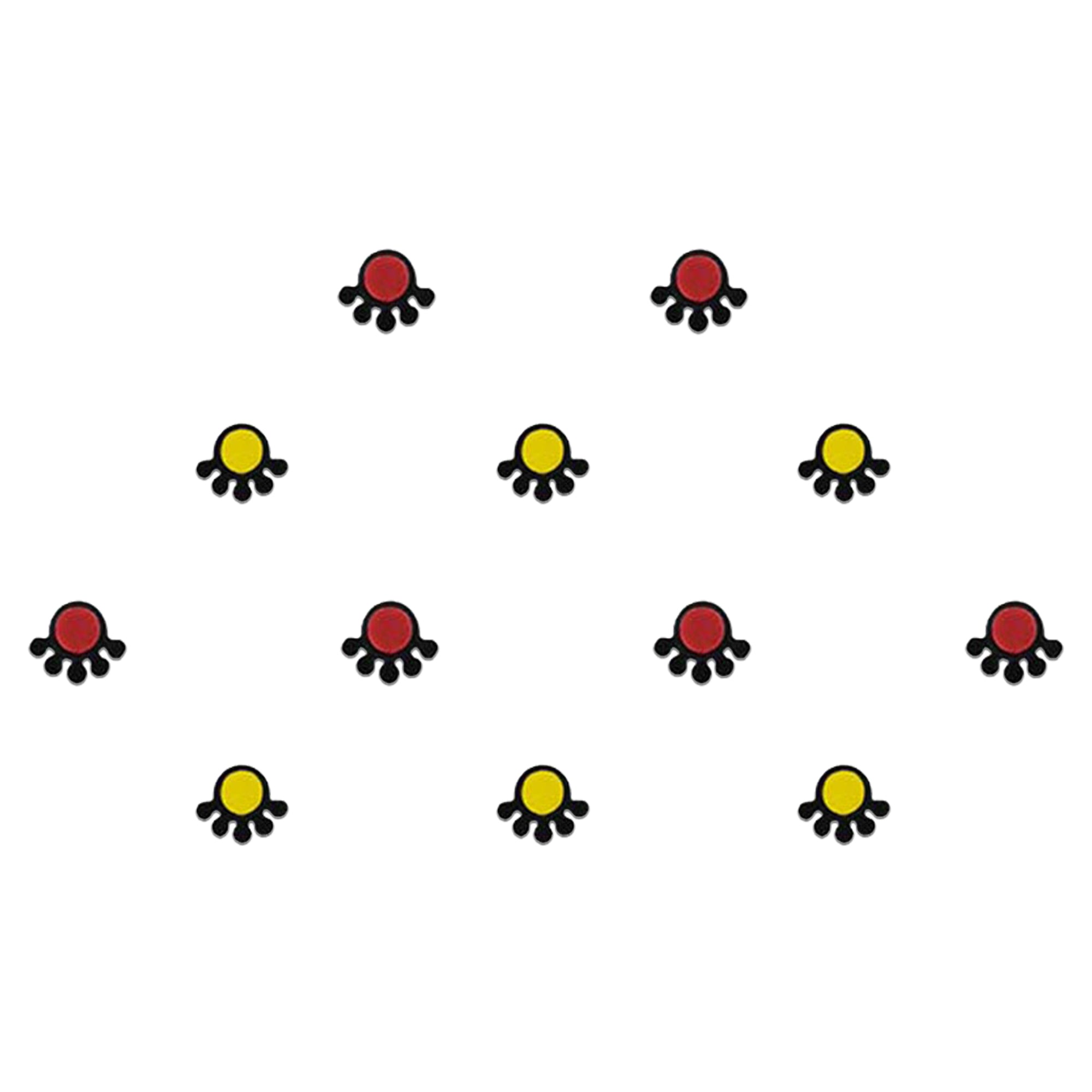 Comet Busters mini round floral designer bindi set featuring red and yellow circular bindis with decorative black petal accents, reusable skin-friendly forehead stickers for women and girls.
