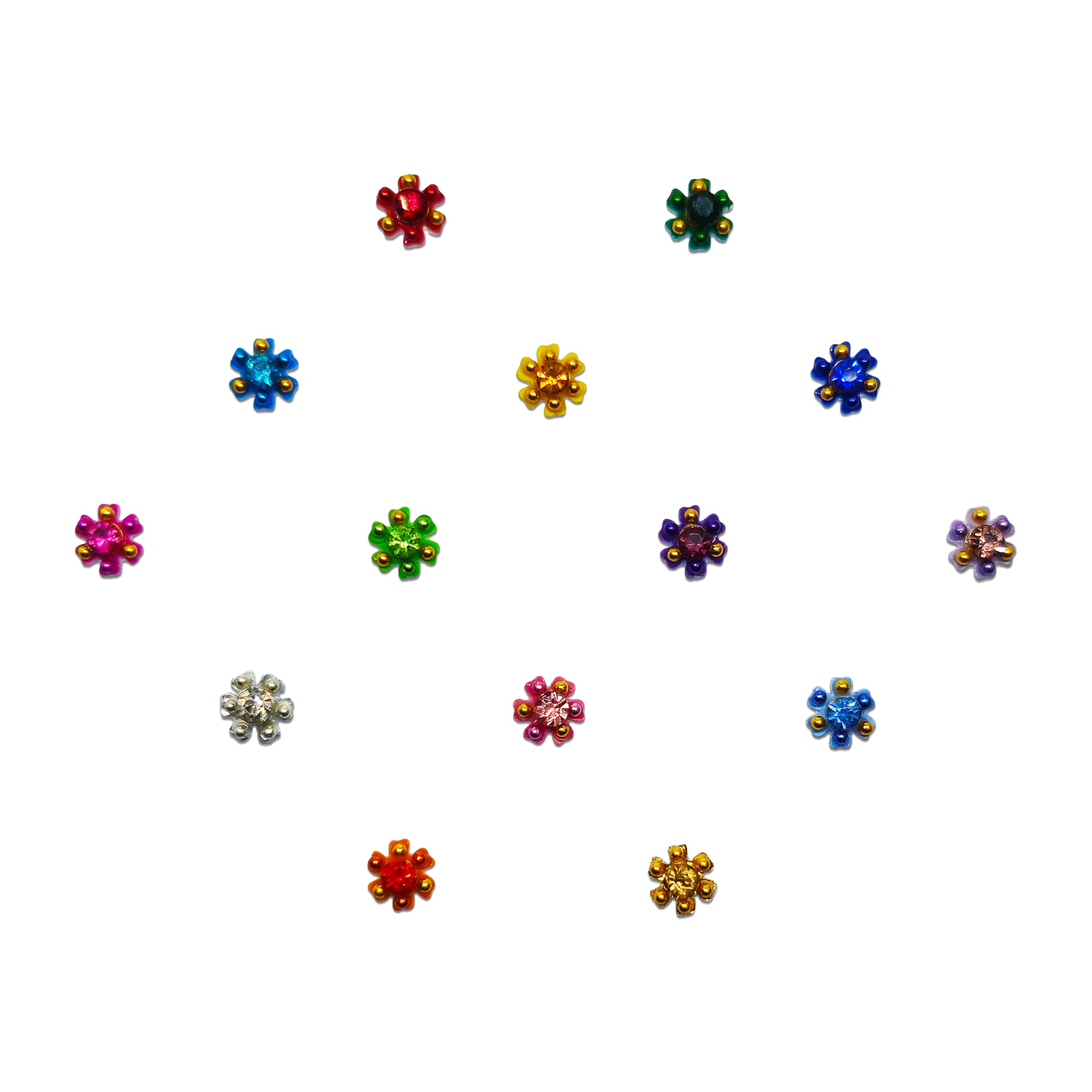 Comet Busters multicolor mini Floral bindis featuring sparkling crystal stones with gold bead border detailing in shades of red, blue, green, pink, purple, yellow, and white for festive and ethnic looks.