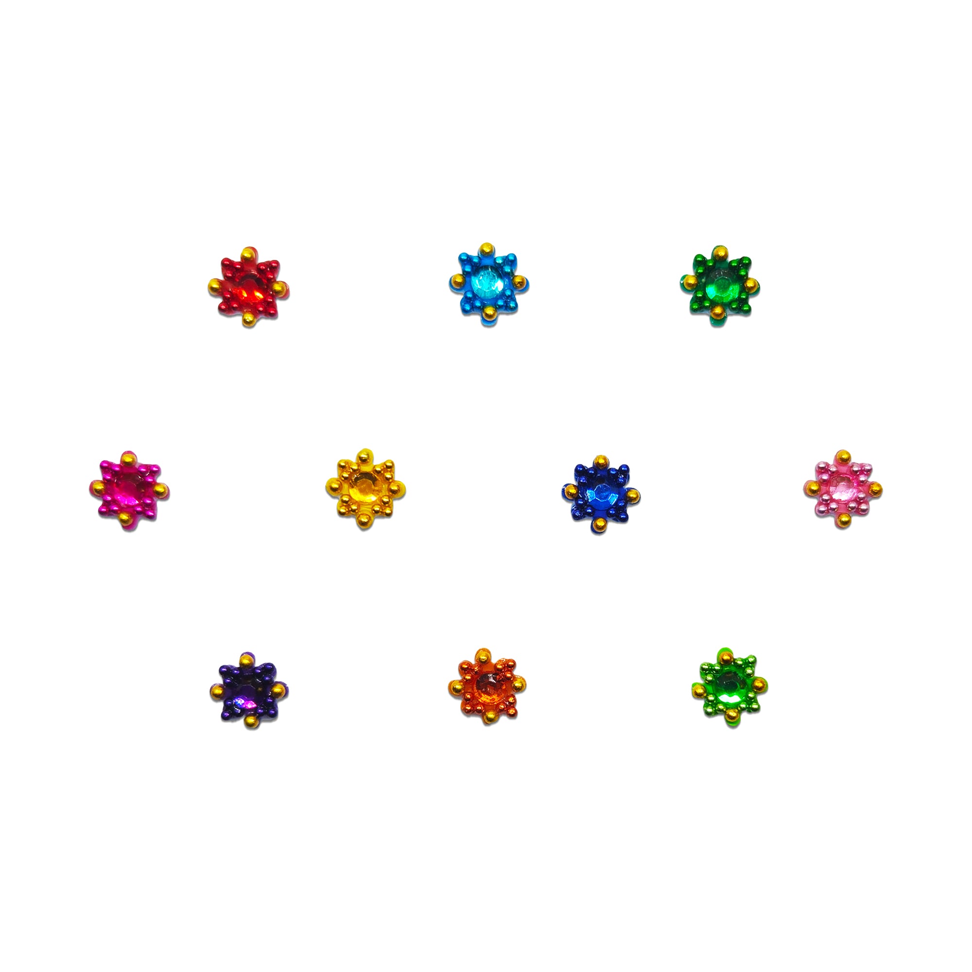 Comet Busters multicolor mini round bindis featuring sparkling crystal stones with gold bead border detailing in shades of red, blue, green, pink, purple, yellow, and white for festive and ethnic looks.