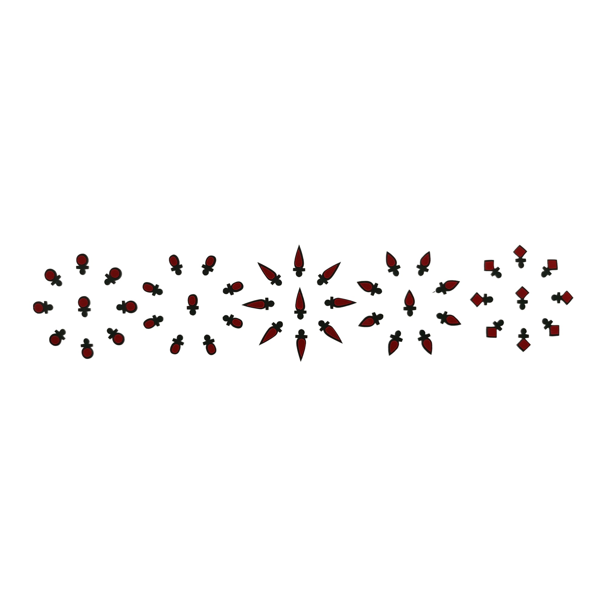 Comet Busters assorted red shape bindis with classic round, leaf, and diamond designs.