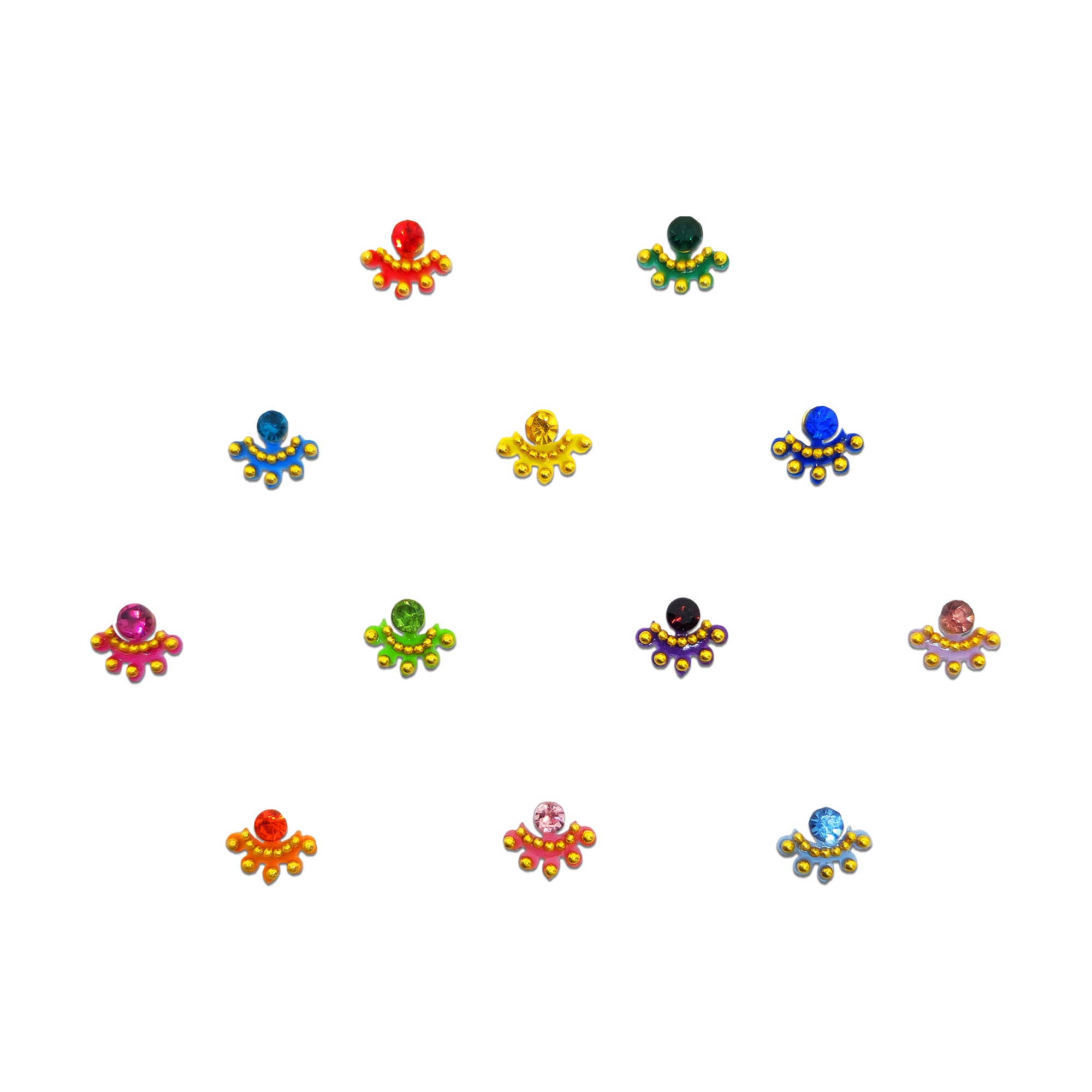Comet Busters mini stone bindis featuring colorful round crystal stones with decorative gold bead fan detailing in red, blue, green, pink, purple, orange, yellow, and pastel shades for festive, ethnic, and traditional wear.