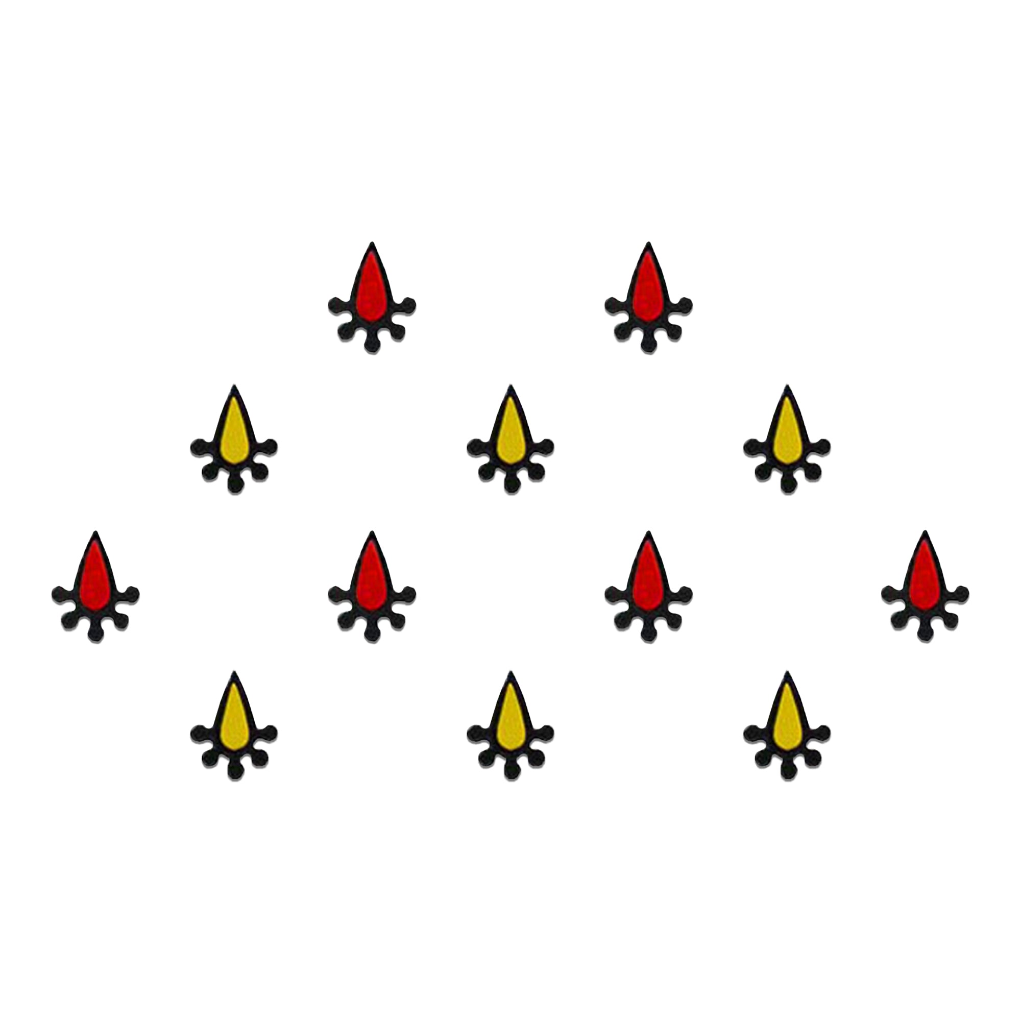 Comet Busters mini teardrop designer bindi set featuring red and yellow teardrop-shaped bindis with decorative black petal accents, reusable skin-friendly forehead stickers for women and girls.