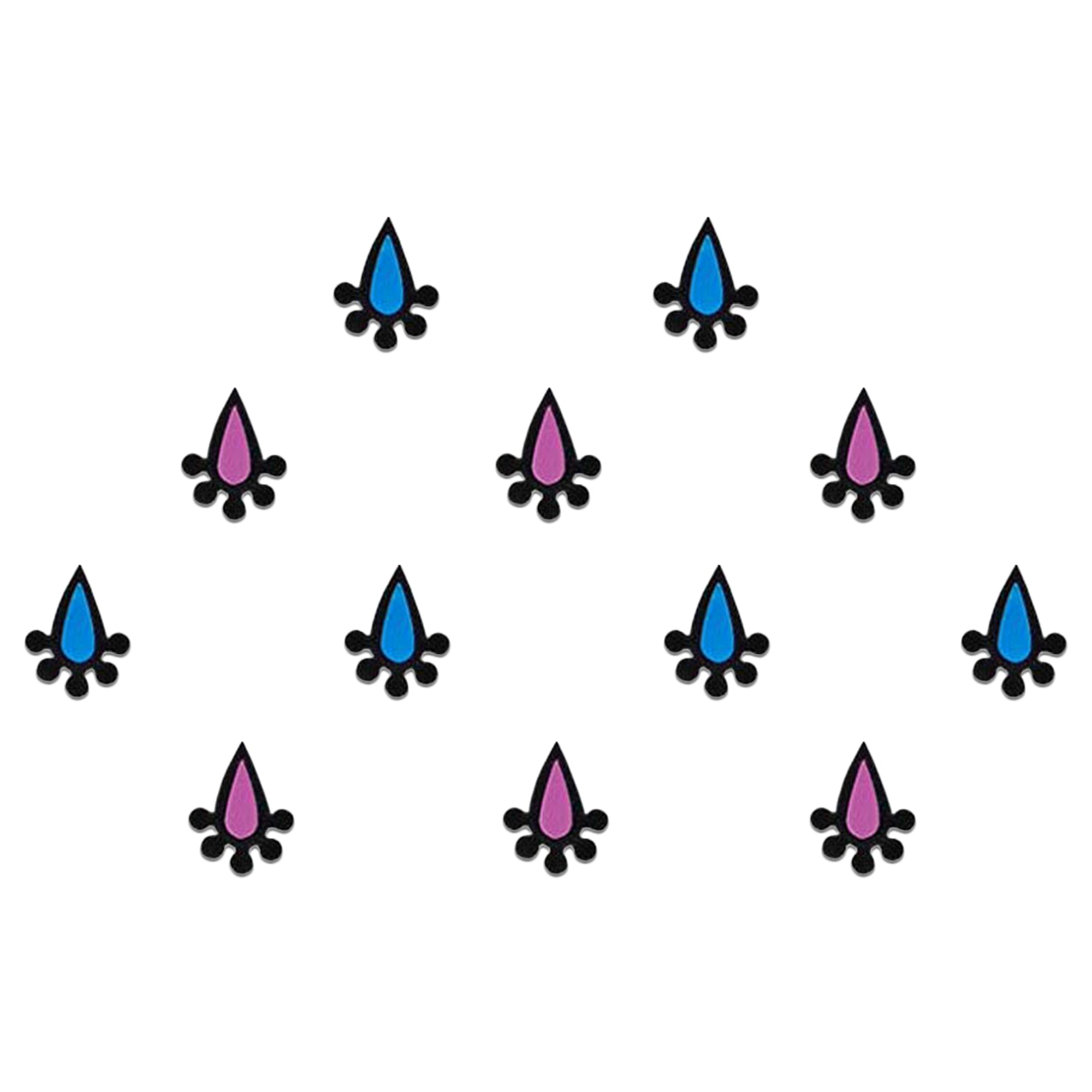 Comet Busters mini Teardrop motif designer bindi set featuring blue and pink diamond-shaped bindis with ornamental black detailing, reusable skin-friendly forehead stickers for women and girls.