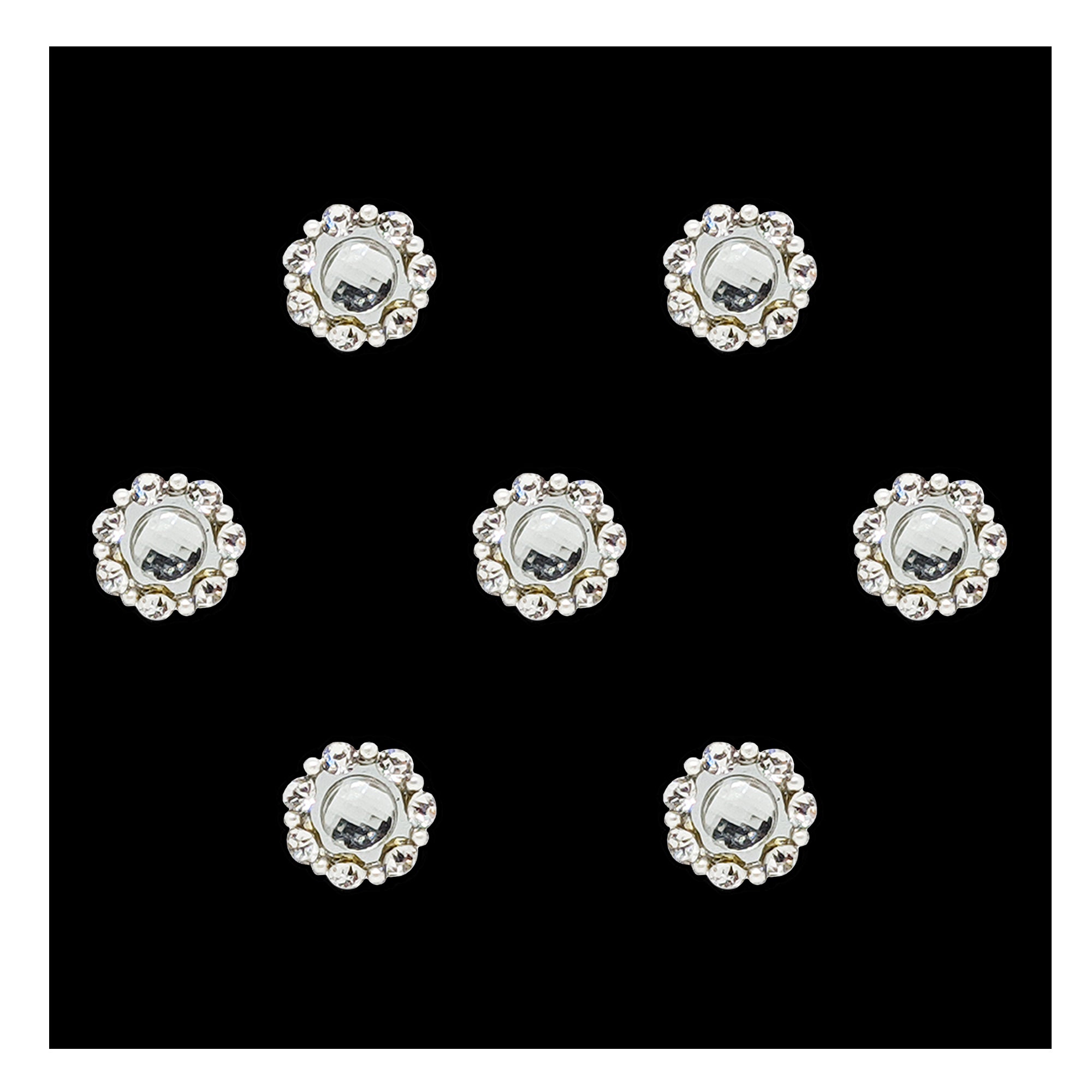 Comet Busters premium silver floral bindis featuring a reflective mirror-style center stone surrounded by sparkling crystal rhinestones and delicate bead detailing in a circular designer pattern.