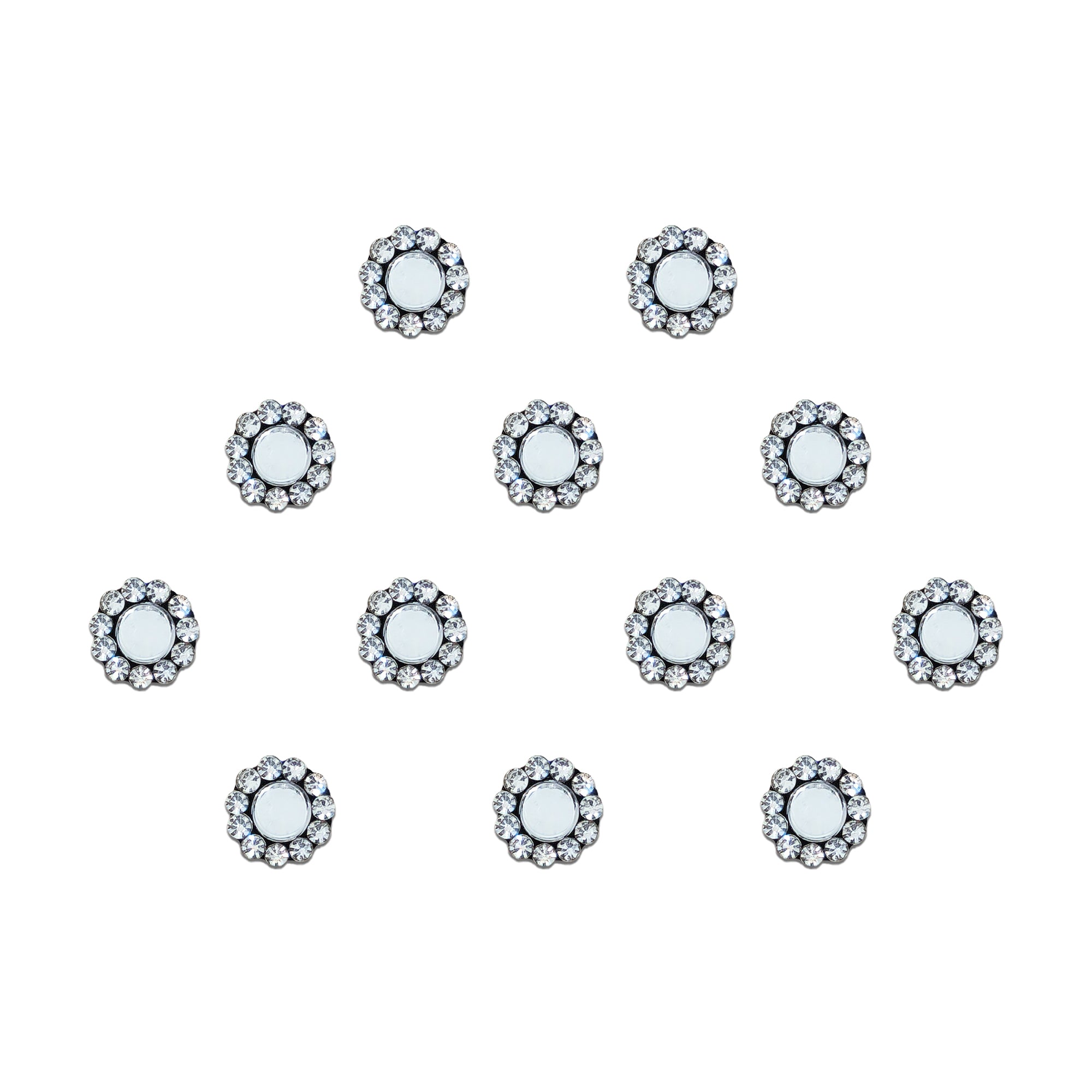 Comet Busters mirror halo stone bindis featuring round mirror centers with sparkling white crystal borders and gold bead detailing, designed for festive, traditional, and ethnic fashion looks.