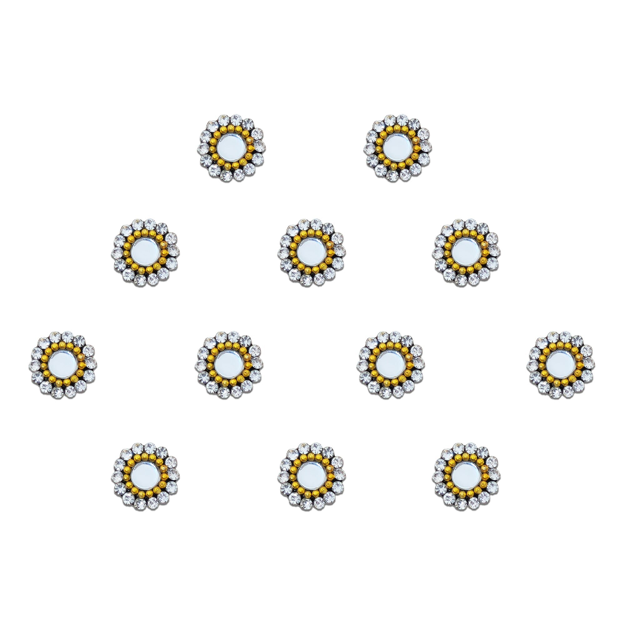 Comet Busters mirror halo stone bindis featuring round mirror centers with sparkling white crystal borders and gold bead detailing, designed for festive, traditional, and ethnic fashion looks.