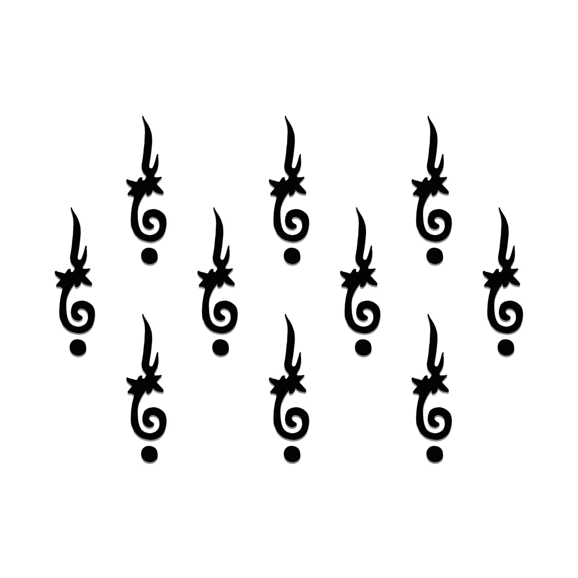 Comet Busters Abstract Spiral Designer Black Bindi featuring a sleek curved spiral design with a pointed top, star-inspired accent, and a round dot at the base. Self-adhesive black designer bindis for women and girls, ideal for festivals, weddings, parties, classical dance, cultural events, office wear, and contemporary ethnic or Indo-western fashion.