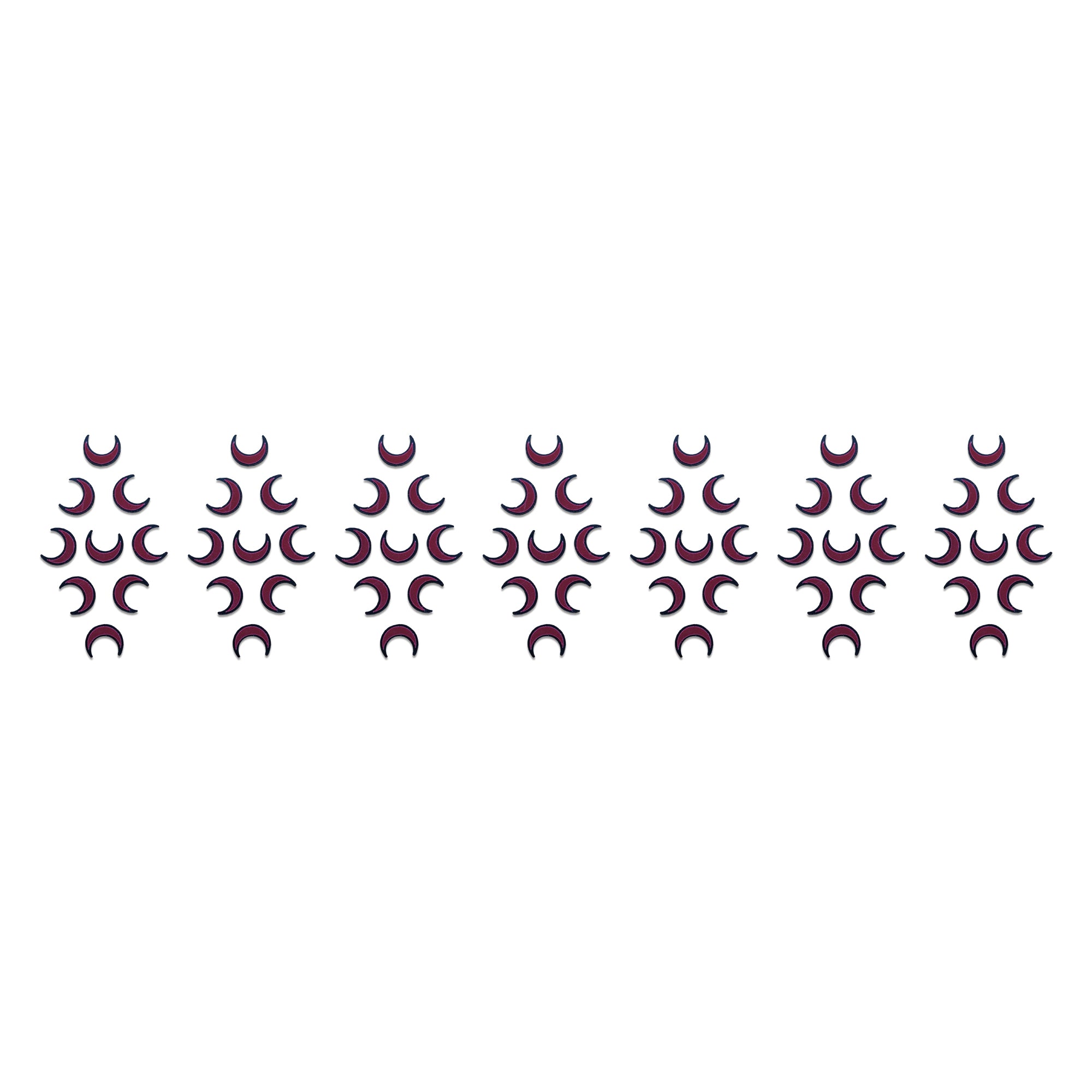 Comet Busters Celestial Moon Cluster Designer Bindi featuring multiple maroon crescent moon motifs arranged in a symmetrical geometric pattern. Self-adhesive celestial-inspired designer bindi for women and girls, perfect for Navratri, Diwali, weddings, festive celebrations, cultural events, temple visits, boho fashion, fusion outfits, and traditional Indian ethnic wear including sarees, lehengas, kurtis, and salwar
