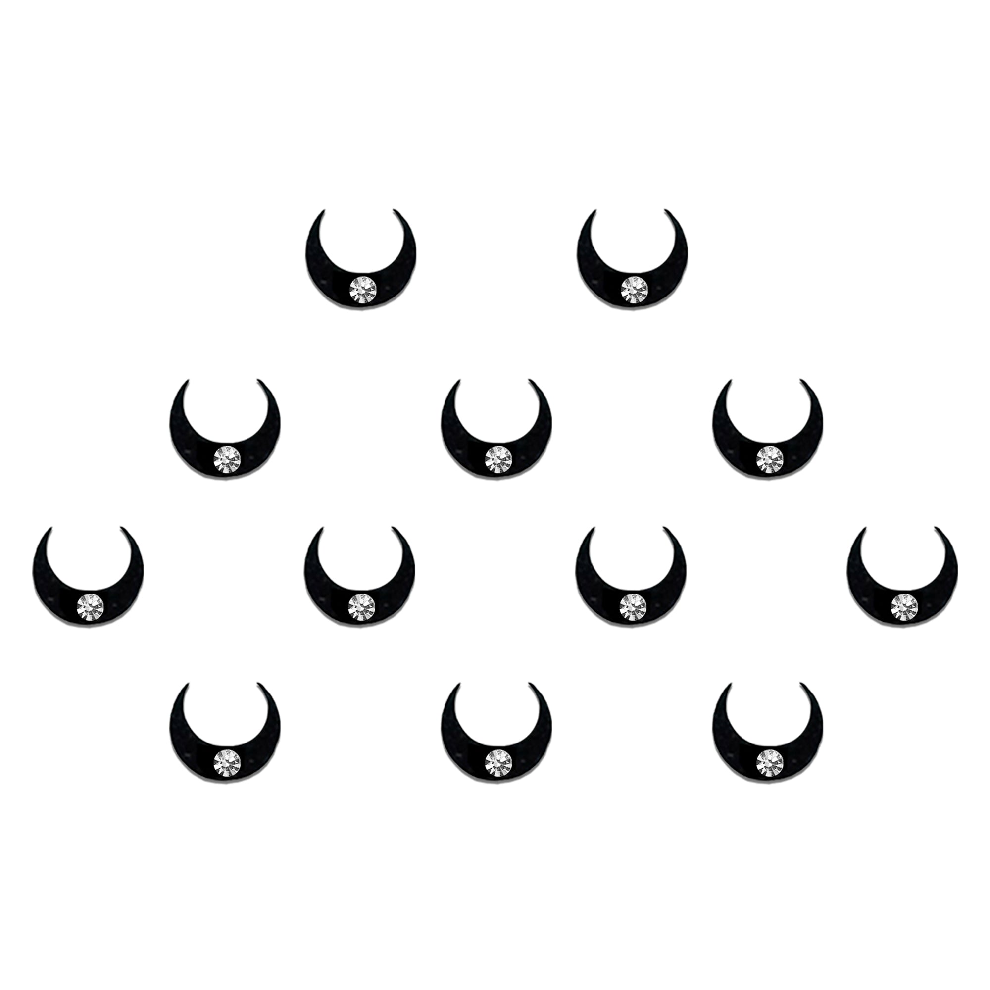 Comet Busters black crescent designer bindi sheet featuring 8 reusable self-adhesive plain crescent-shaped bindis with a sleek minimalist design. Elegant traditional bindis ideal for everyday wear, festive occasions, cultural events, classical dance performances, weddings, Navratri, Diwali, and ethnic outfits including sarees, lehengas, kurtis, and salwar suits.