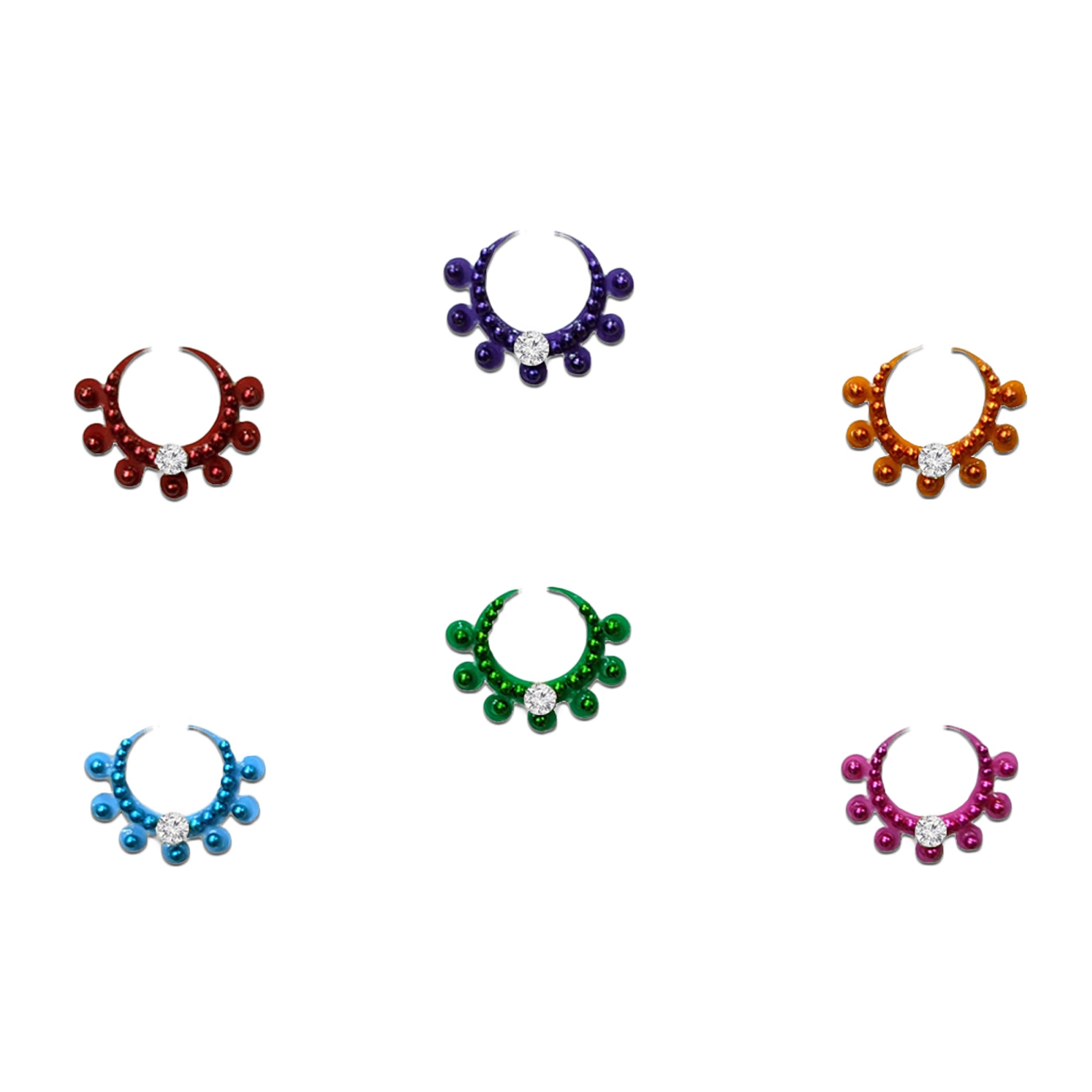 Comet Busters Crescent moon designer bindi with bead detailing and a central crystal stone, available in multiple colors.