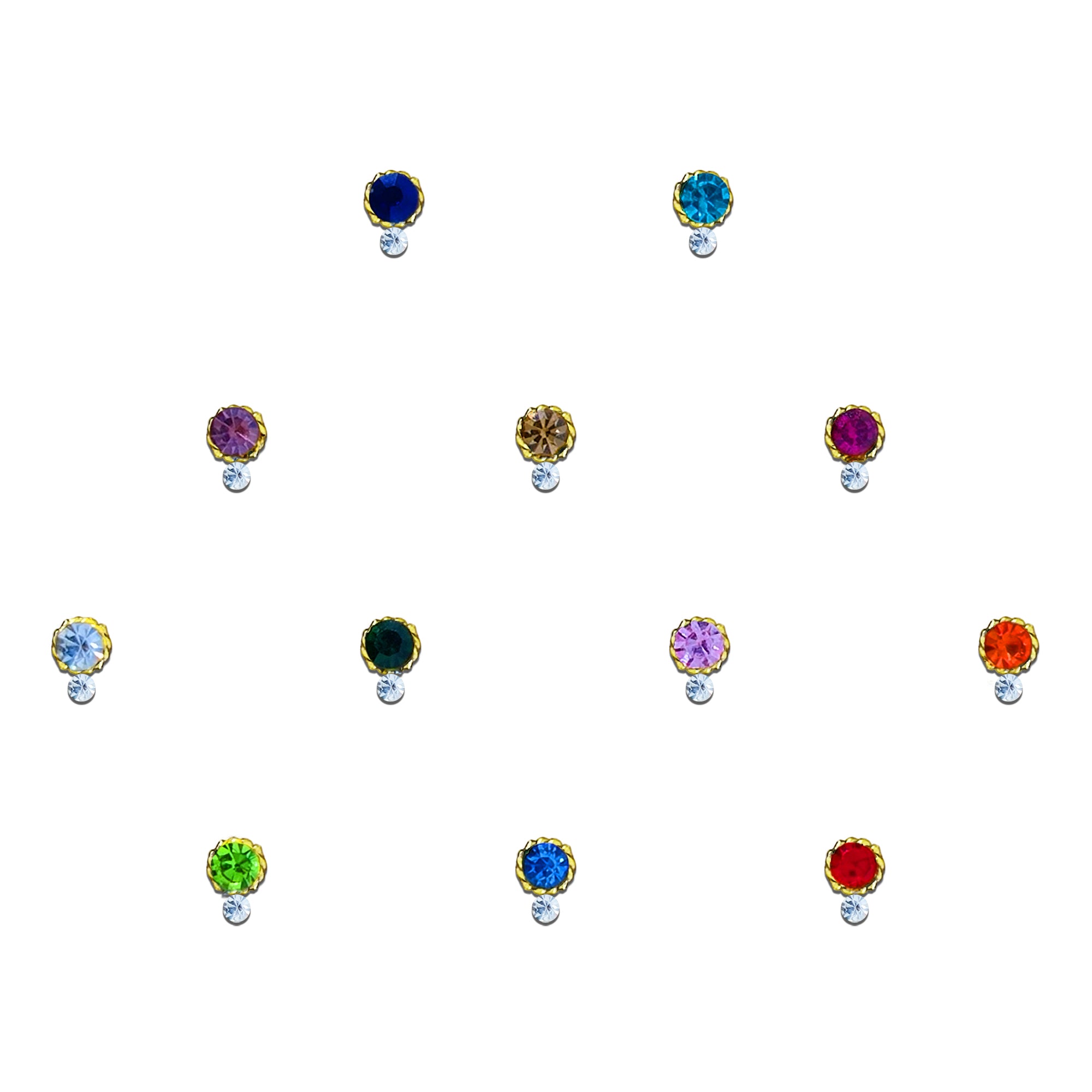 Comet Busters Round crystal designer bindi with a small dangling stone accent, available in multiple vibrant colors.